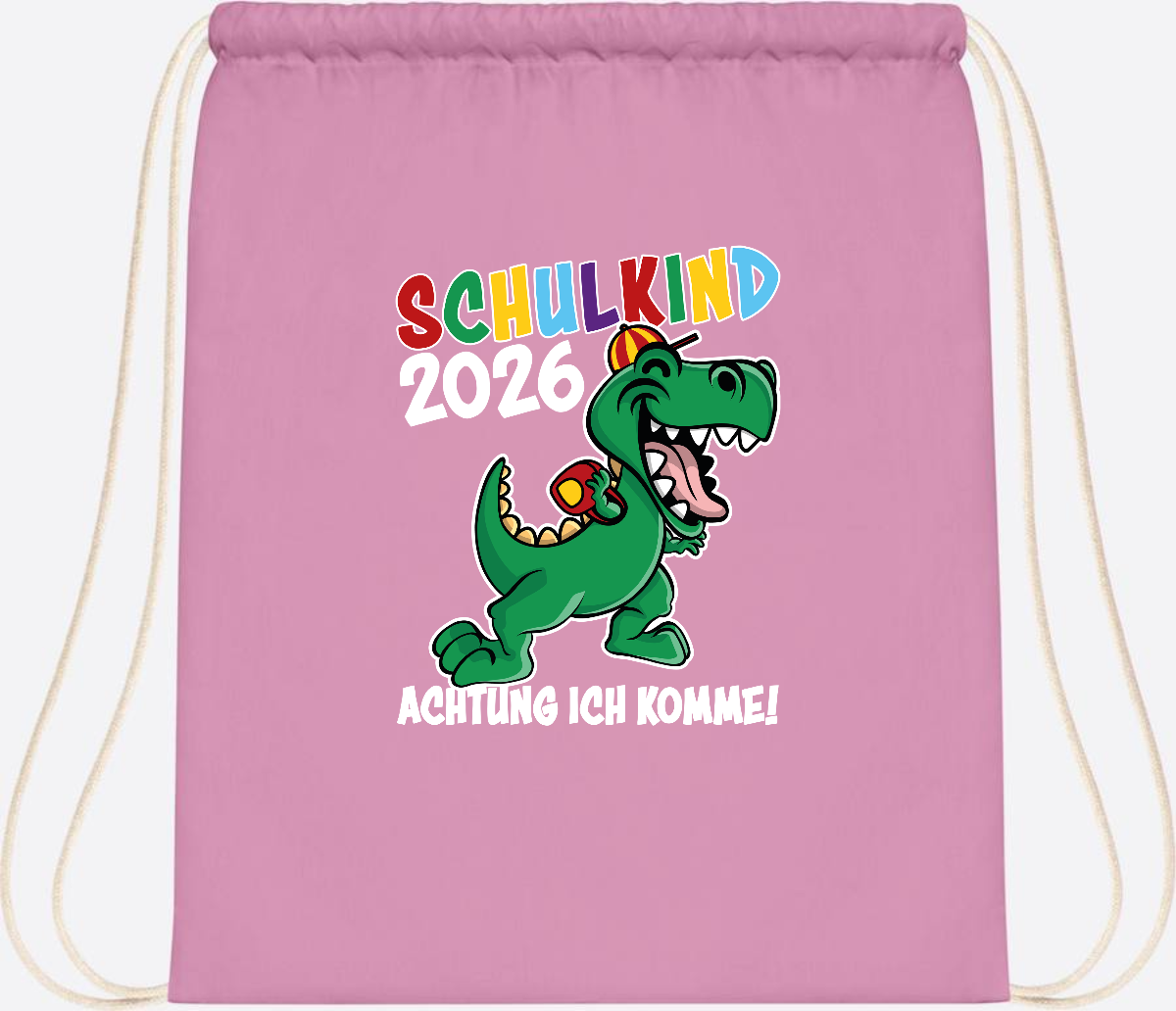 Turnbeutel Schulkind 2026 Dino – Personalisiert mit Name - Classic Pink/White