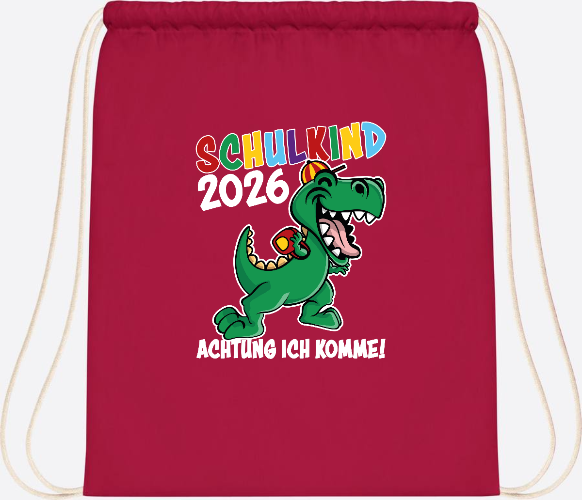Turnbeutel Schulkind 2026 Dino – Personalisiert mit Name - Classic Red