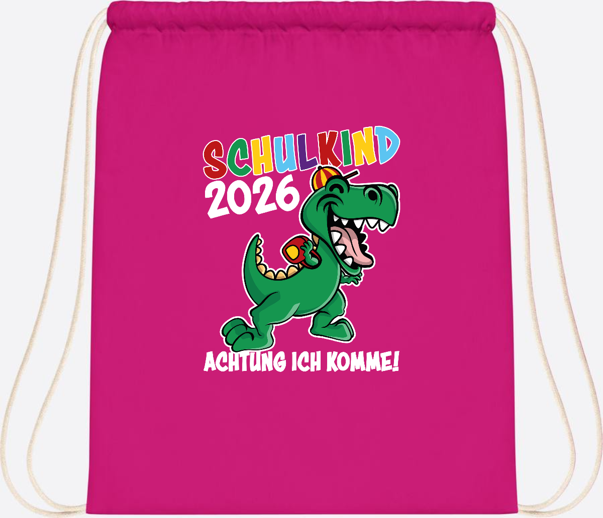 Turnbeutel Schulkind 2026 Dino – Personalisiert mit Name - Fuchsia