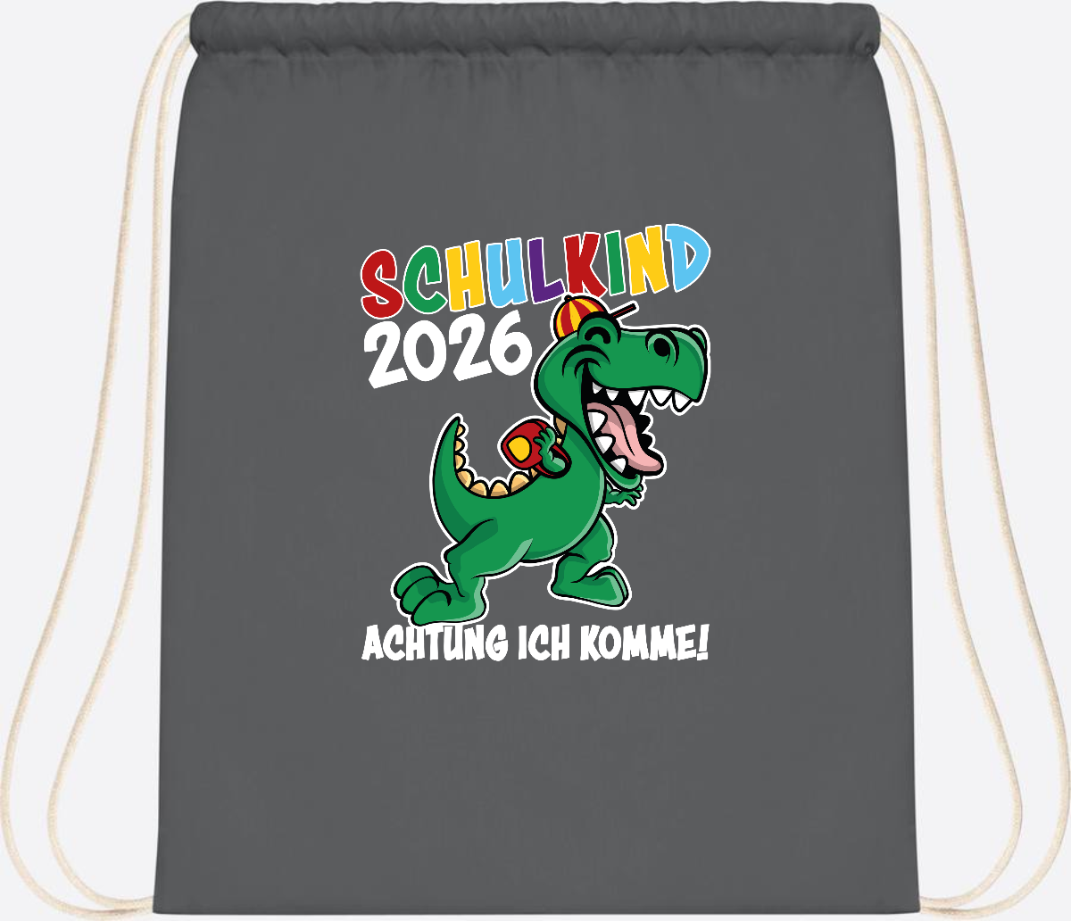 Turnbeutel Schulkind 2026 Dino – Personalisiert mit Name - Graphite Grey