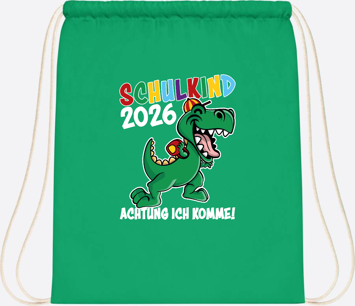 Turnbeutel Schulkind 2026 Dino – Personalisiert mit Name - Kelly Green
