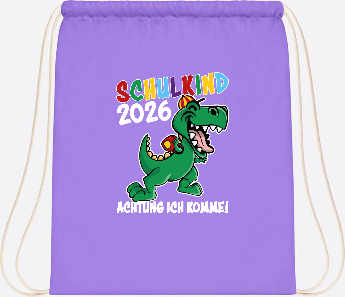 Turnbeutel Schulkind 2026 Dino – Personalisiert mit Name - Lavender/White