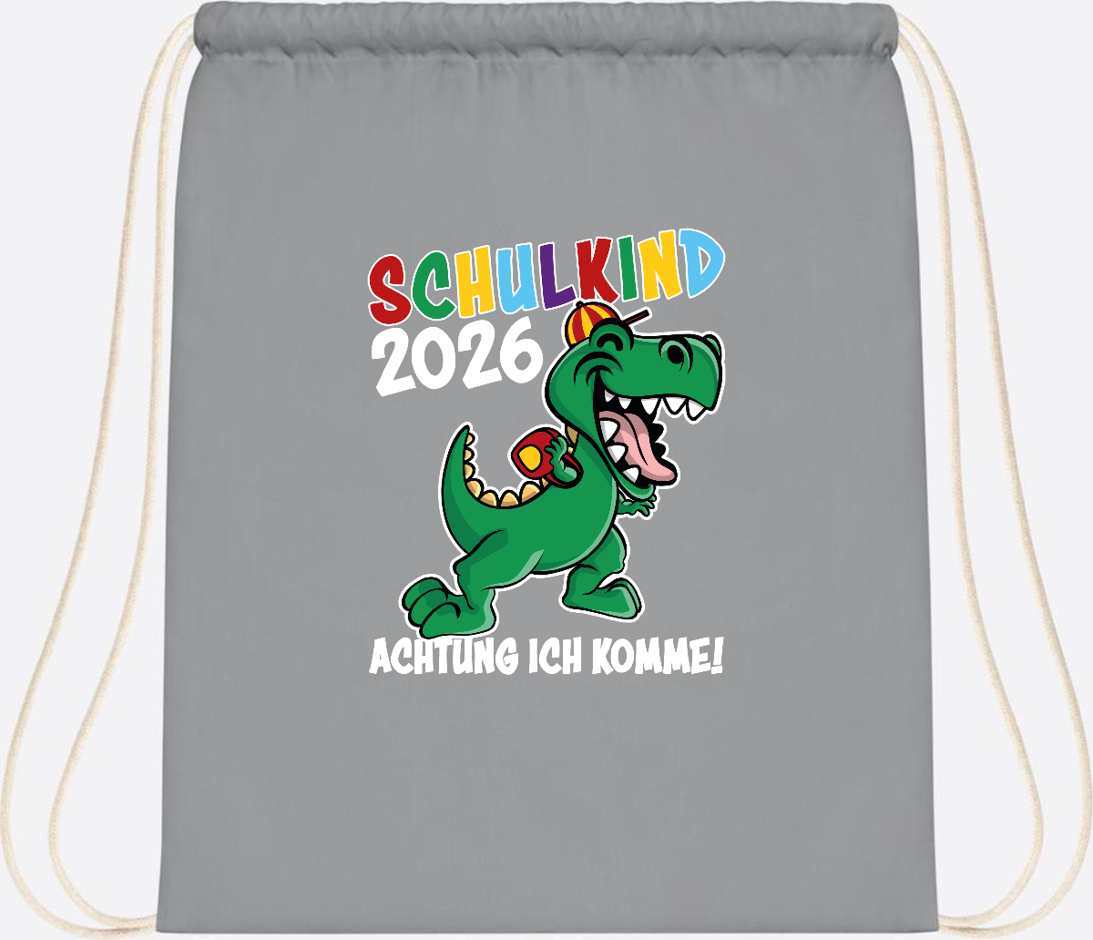 Turnbeutel Schulkind 2026 Dino – Personalisiert mit Name - Light Grey