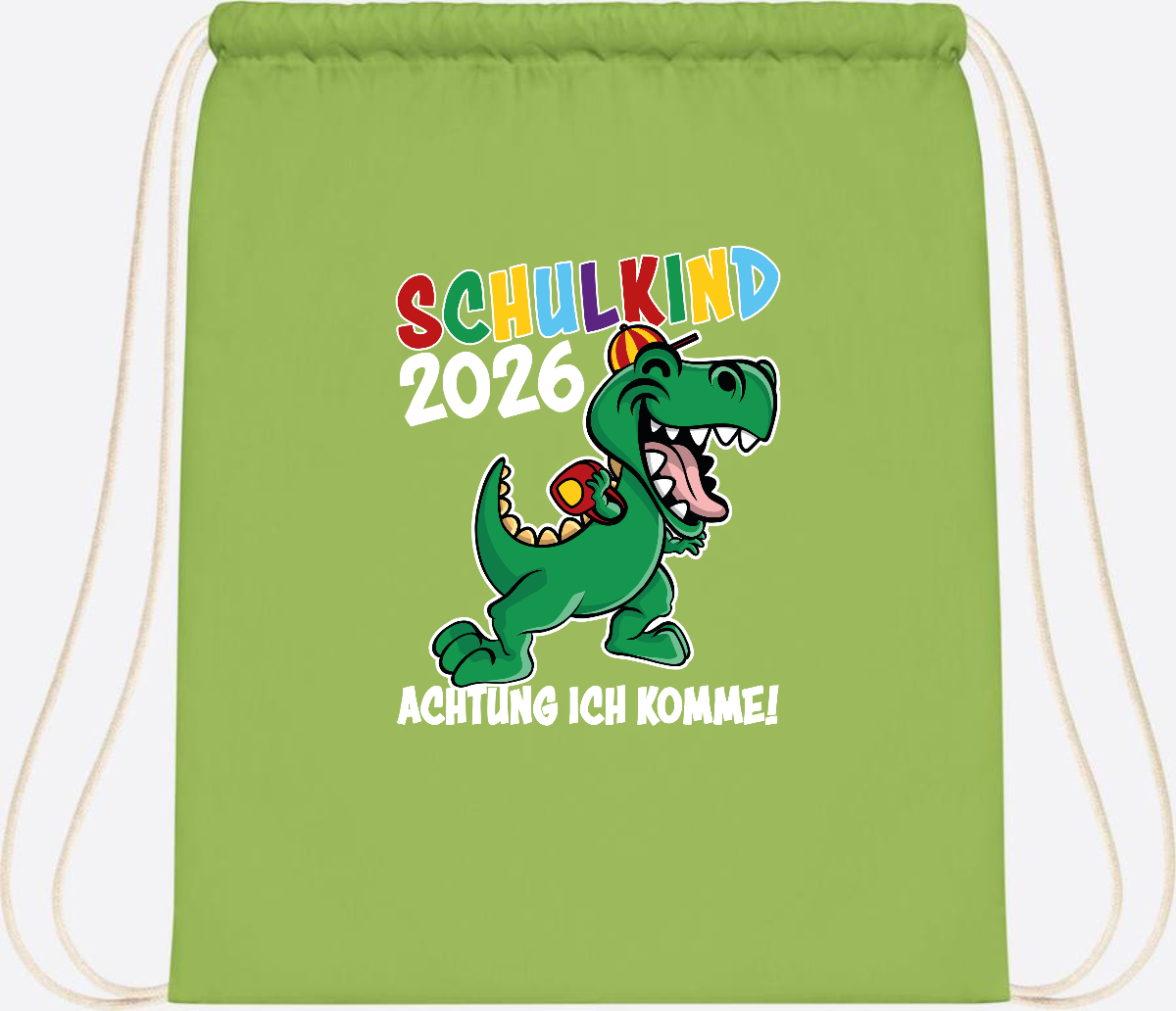 Turnbeutel Schulkind 2026 Dino – Personalisiert mit Name - Lime Green