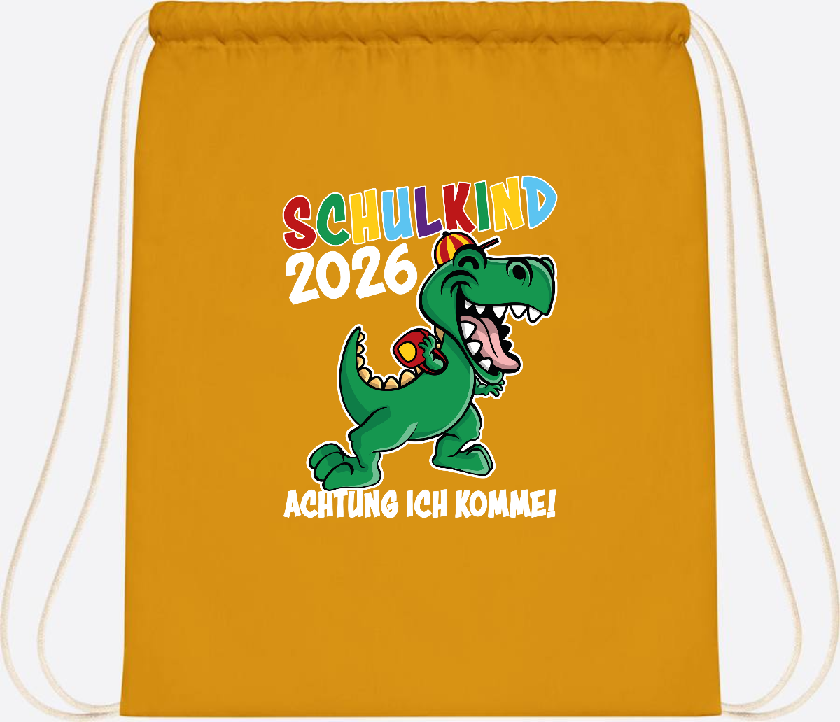 Turnbeutel Schulkind 2026 Dino – Personalisiert mit Name - Mustard