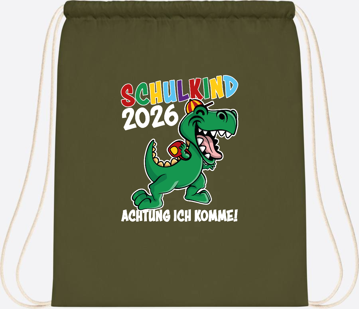 Turnbeutel Schulkind 2026 Dino – Personalisiert mit Name - Olive Green