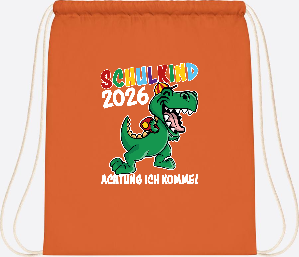 Turnbeutel Schulkind 2026 Dino – Personalisiert mit Name - Orange