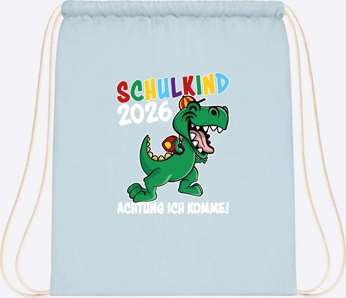 Turnbeutel Schulkind 2026 Dino – Personalisiert mit Name - Pastel Blue/White