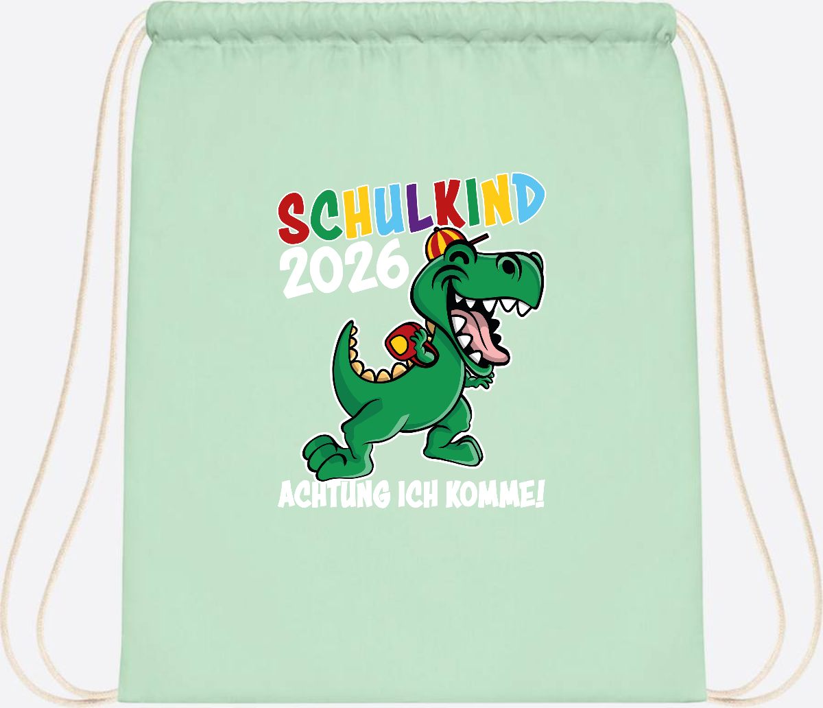 Turnbeutel Schulkind 2026 Dino – Personalisiert mit Name - Pastel Mint/White