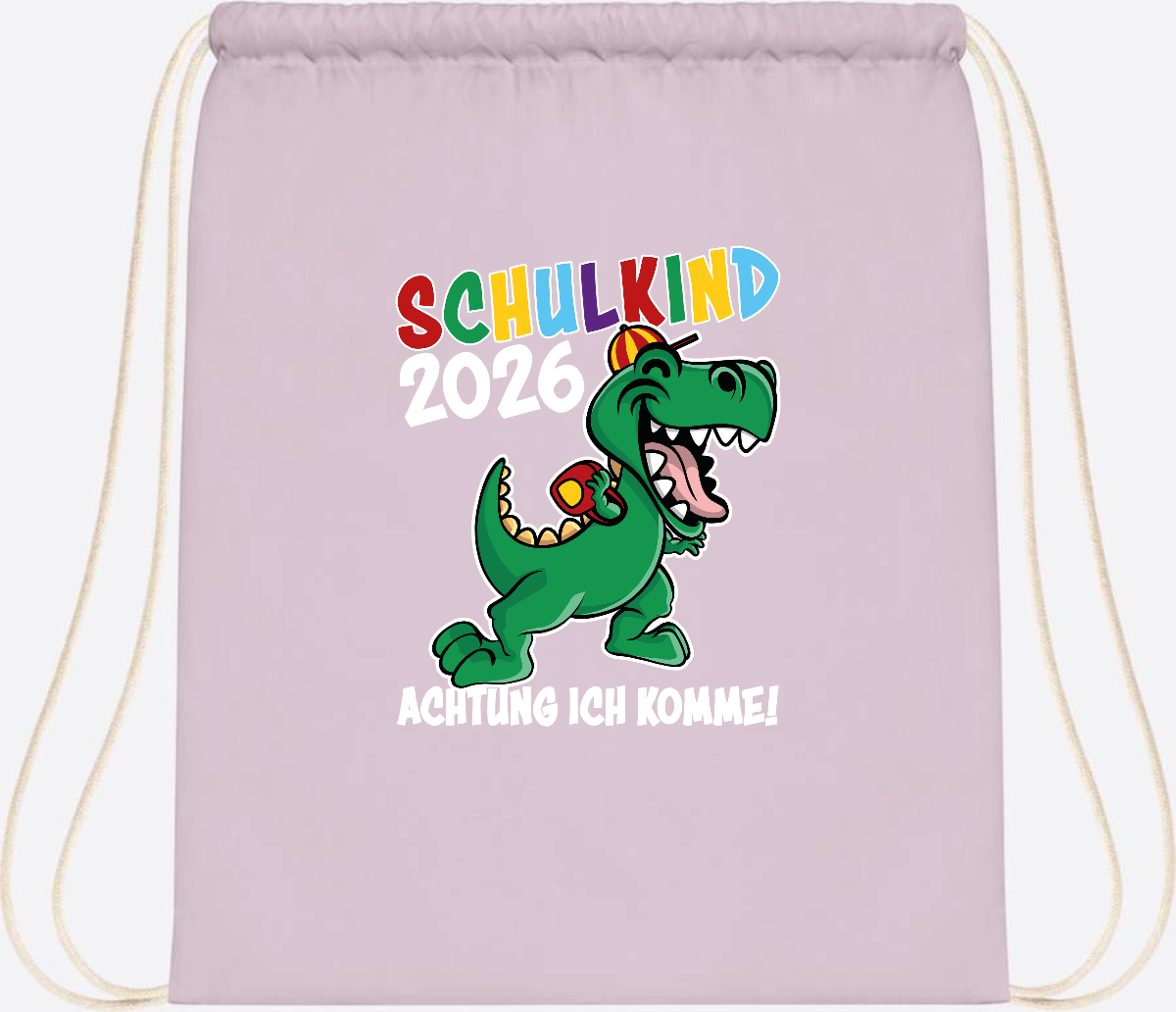Turnbeutel Schulkind 2026 Dino – Personalisiert mit Name - Pastel Pink/White