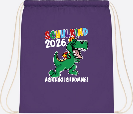 Turnbeutel Schulkind 2026 Dino – Personalisiert mit Name - Purple
