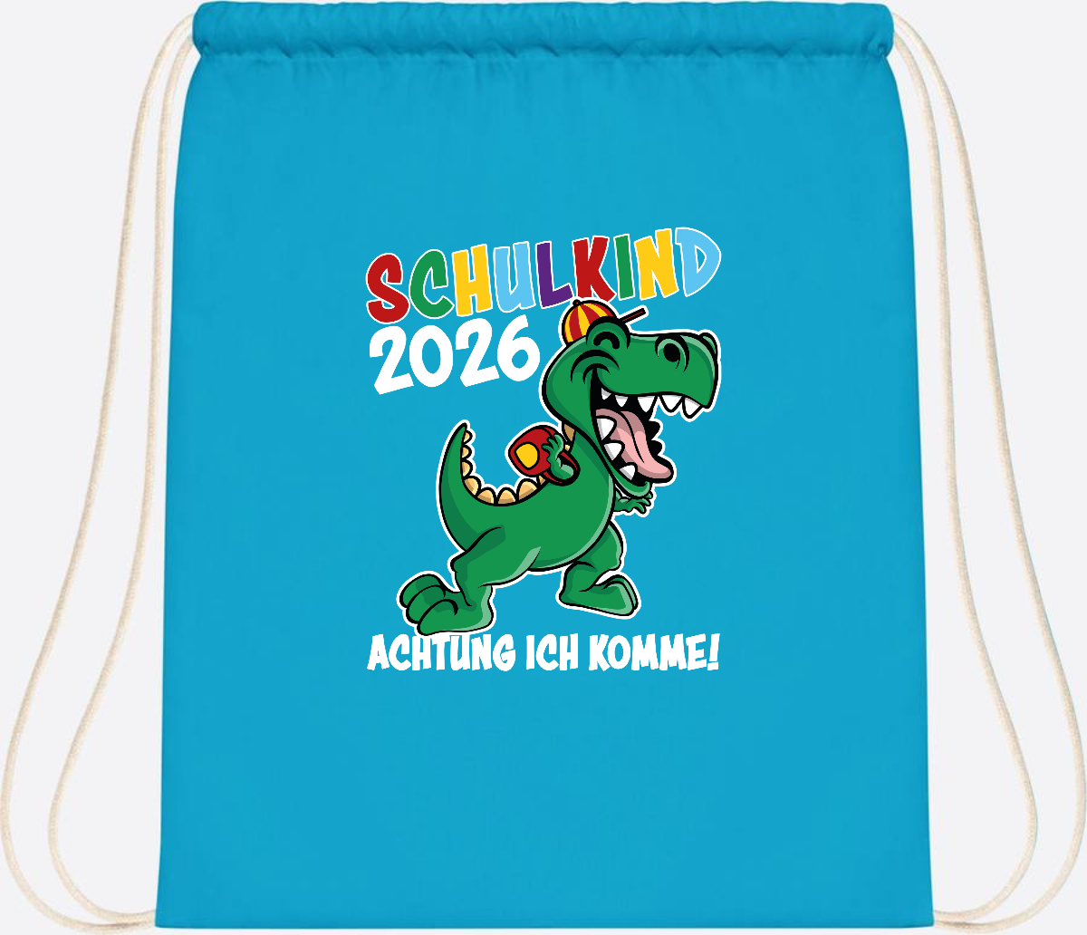 Turnbeutel Schulkind 2026 Dino – Personalisiert mit Name - Surf Blue
