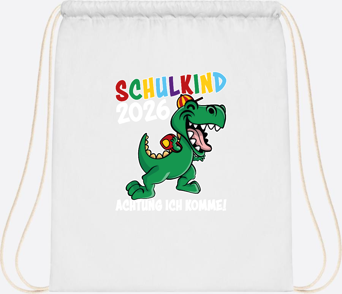 Turnbeutel Schulkind 2026 Dino – Personalisiert mit Name - White