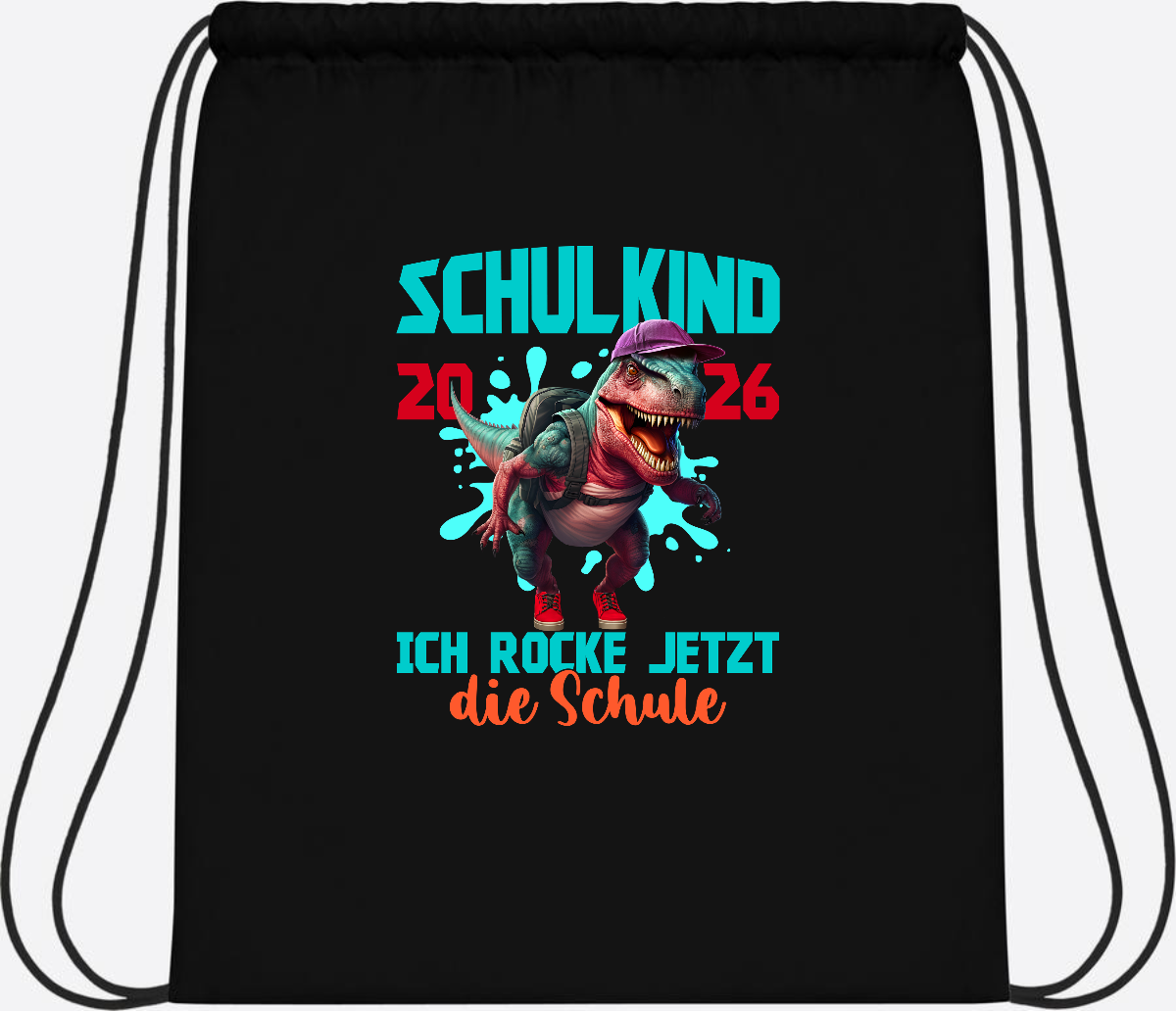 Turnbeutel Schulkind 2026 Dino T-Rex – Ich rocke die Schule - Black/Black