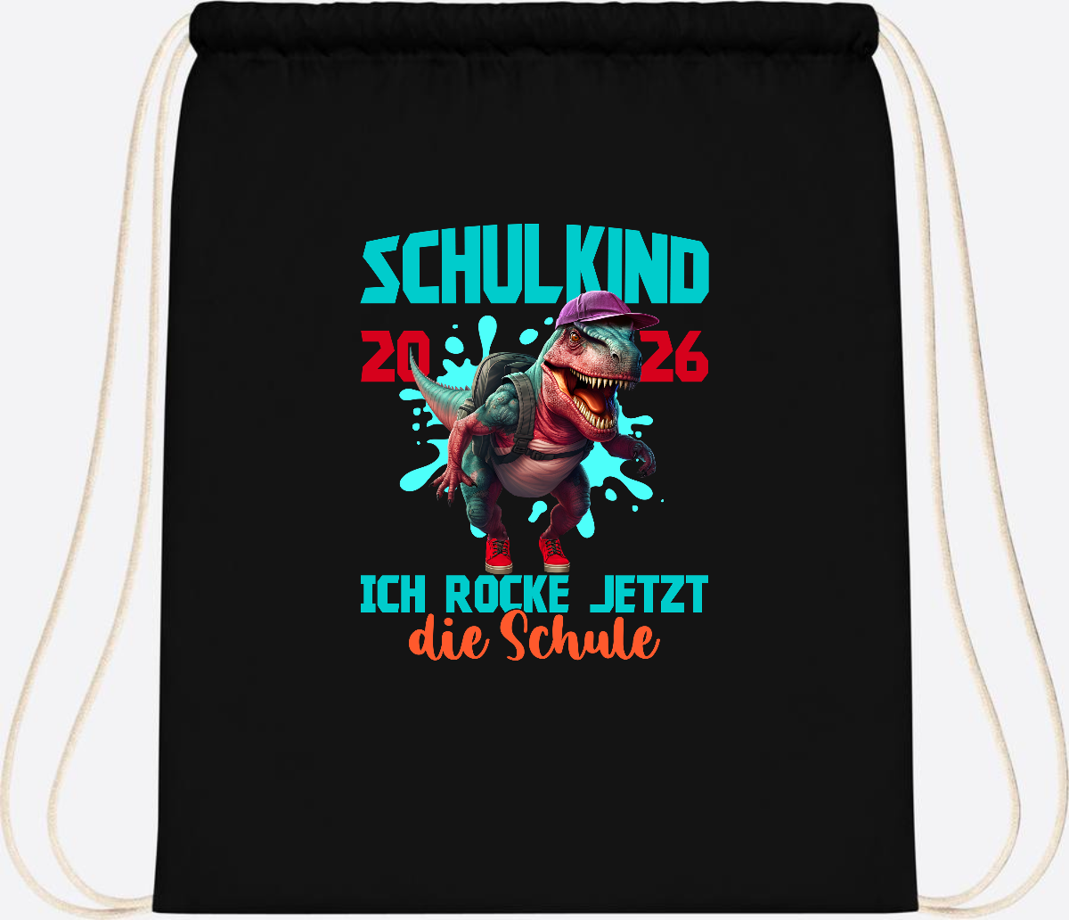 Turnbeutel Schulkind 2026 Dino T-Rex – Ich rocke die Schule - Black
