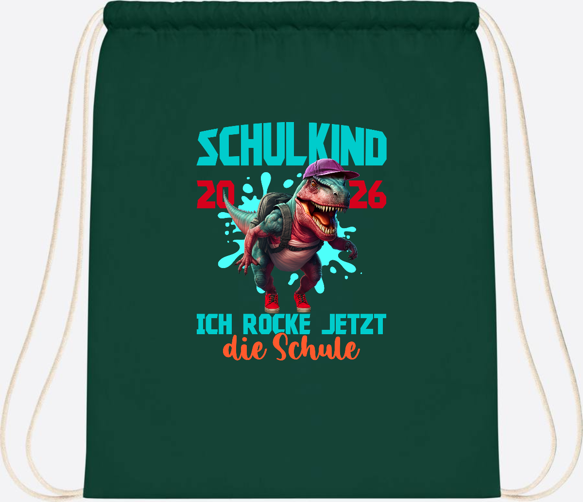 Turnbeutel Schulkind 2026 Dino T-Rex – Ich rocke die Schule - Bottle Green