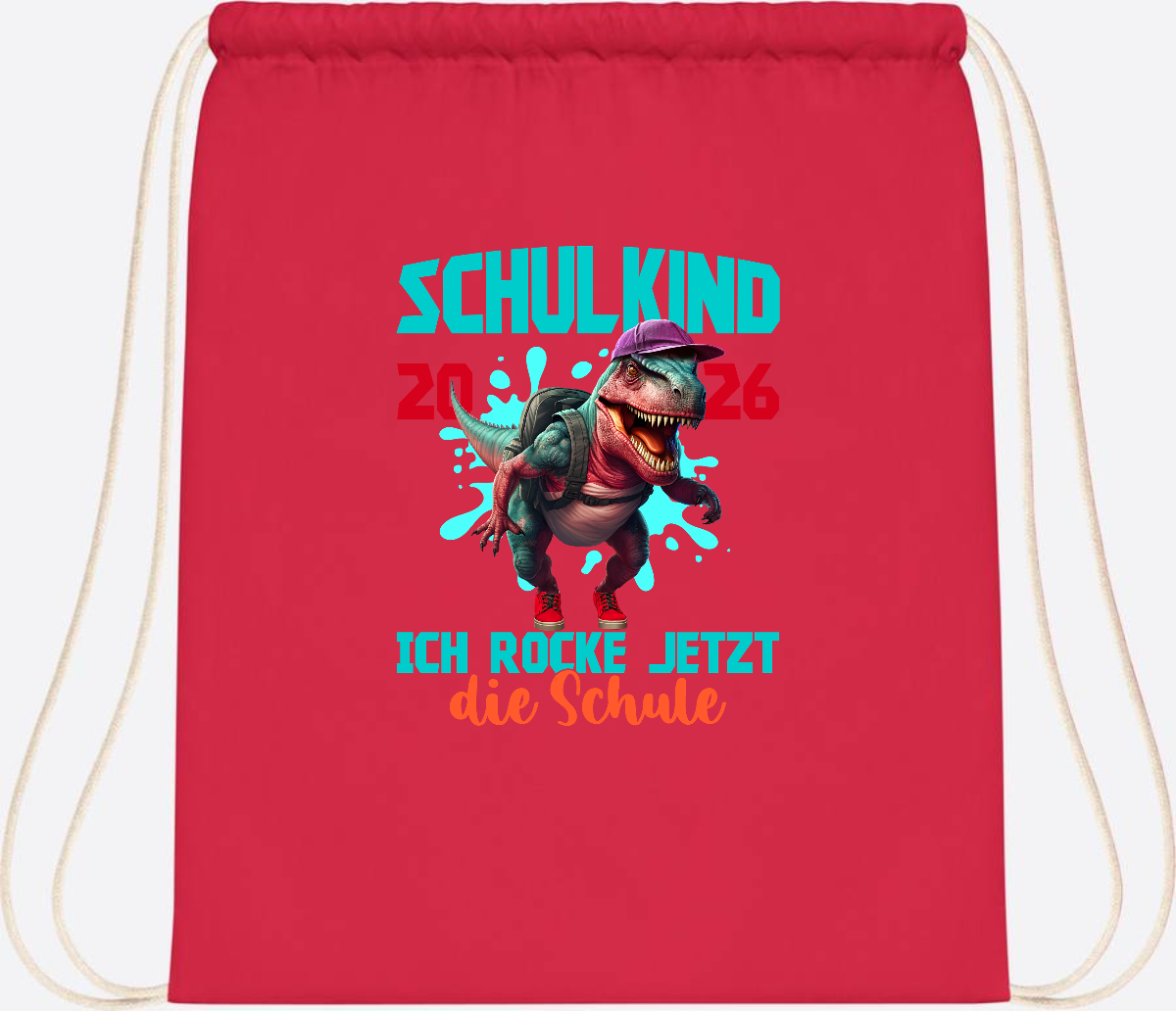 Turnbeutel Schulkind 2026 Dino T-Rex – Ich rocke die Schule - Bright Red