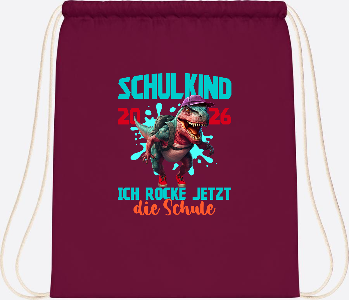 Turnbeutel Schulkind 2026 Dino T-Rex – Ich rocke die Schule - Burgundy