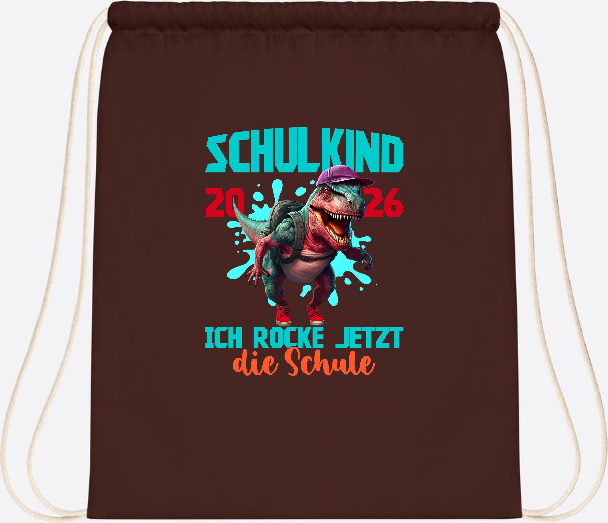 Turnbeutel Schulkind 2026 Dino T-Rex – Ich rocke die Schule - Chocolate