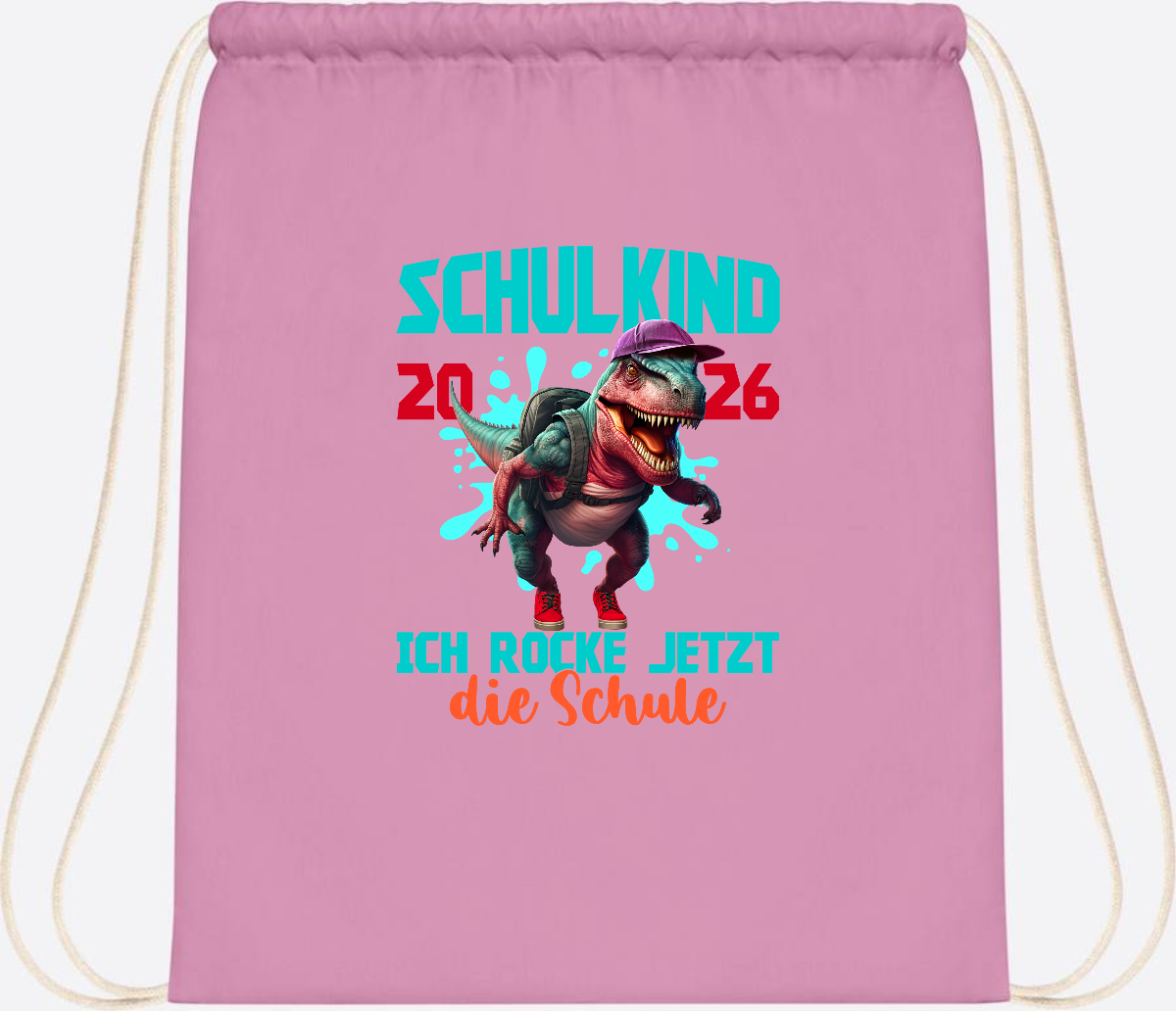 Turnbeutel Schulkind 2026 Dino T-Rex – Ich rocke die Schule - Classic Pink/White