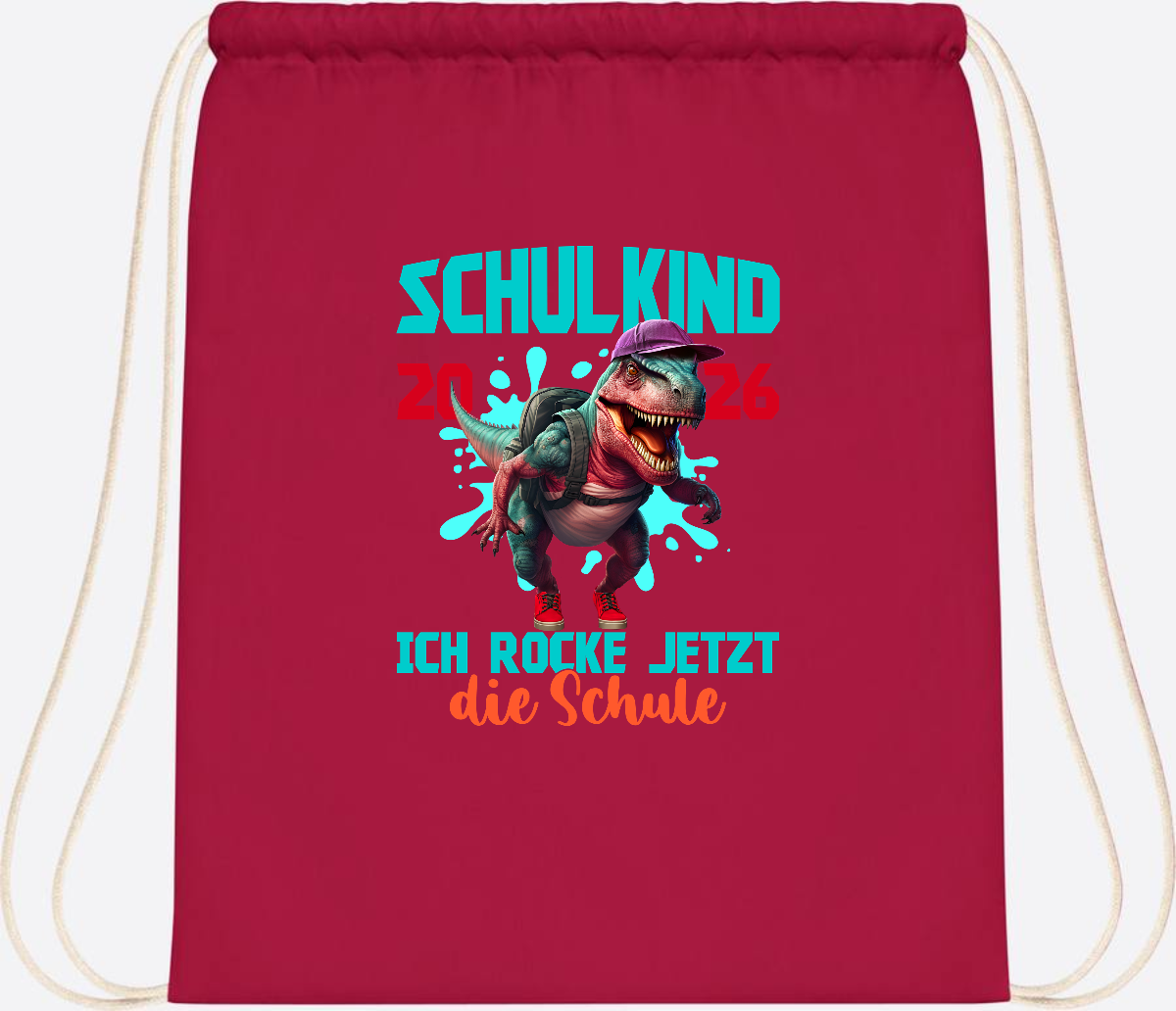 Turnbeutel Schulkind 2026 Dino T-Rex – Ich rocke die Schule - Classic Red