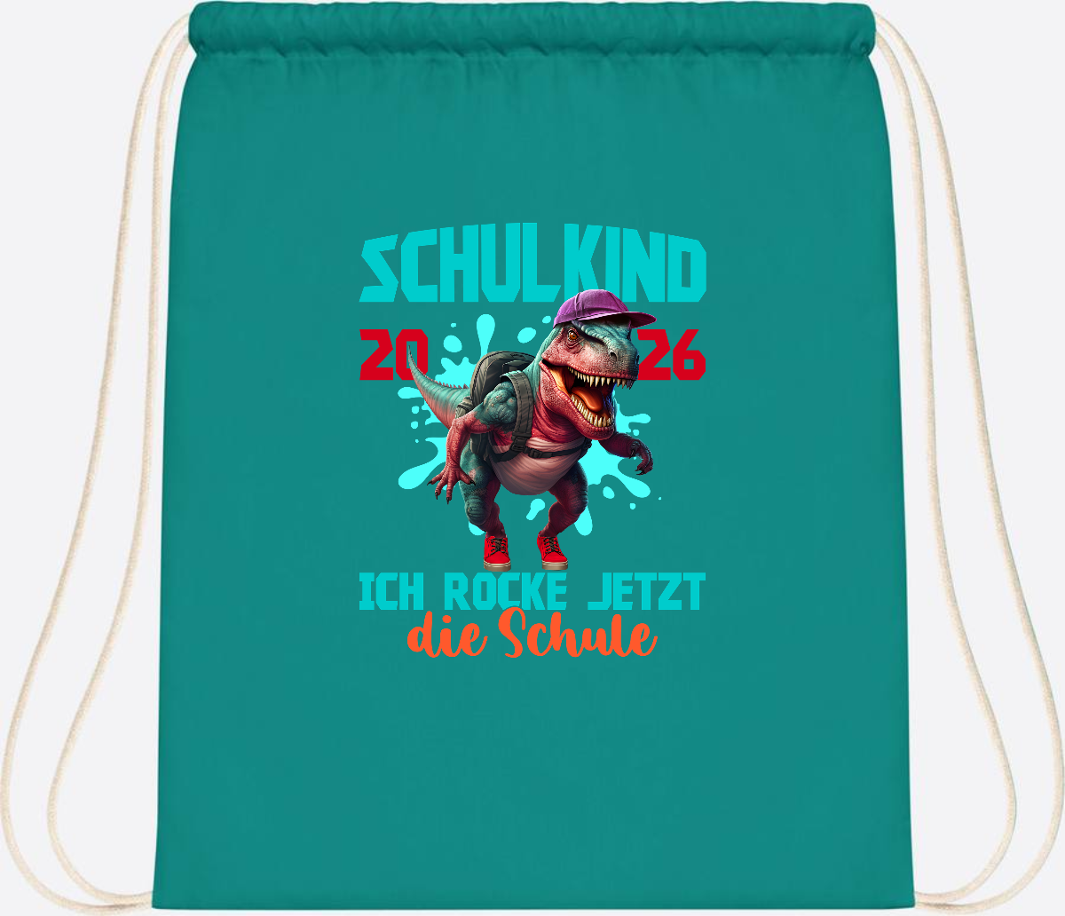 Turnbeutel Schulkind 2026 Dino T-Rex – Ich rocke die Schule - Emerald