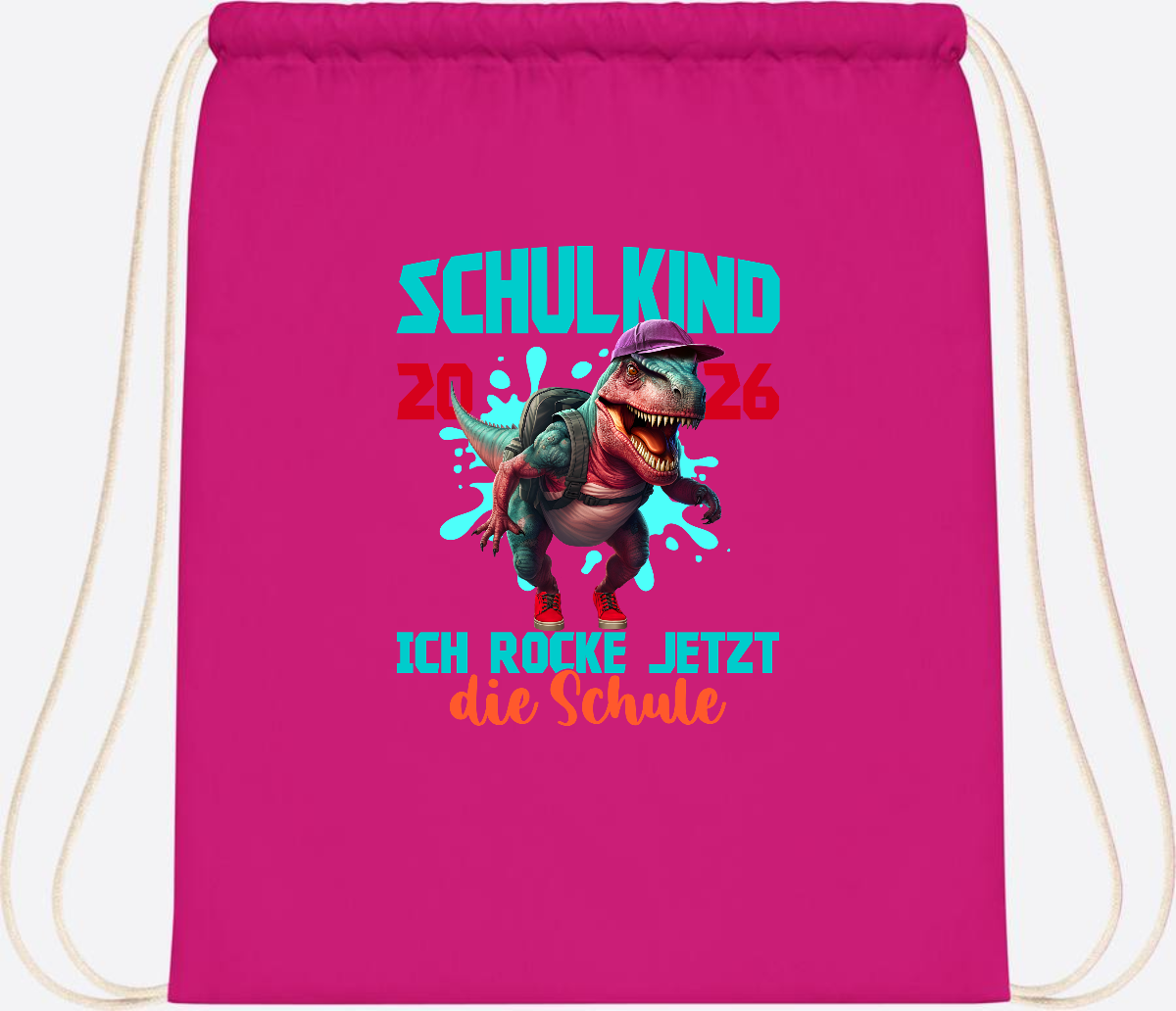 Turnbeutel Schulkind 2026 Dino T-Rex – Ich rocke die Schule - Fuchsia