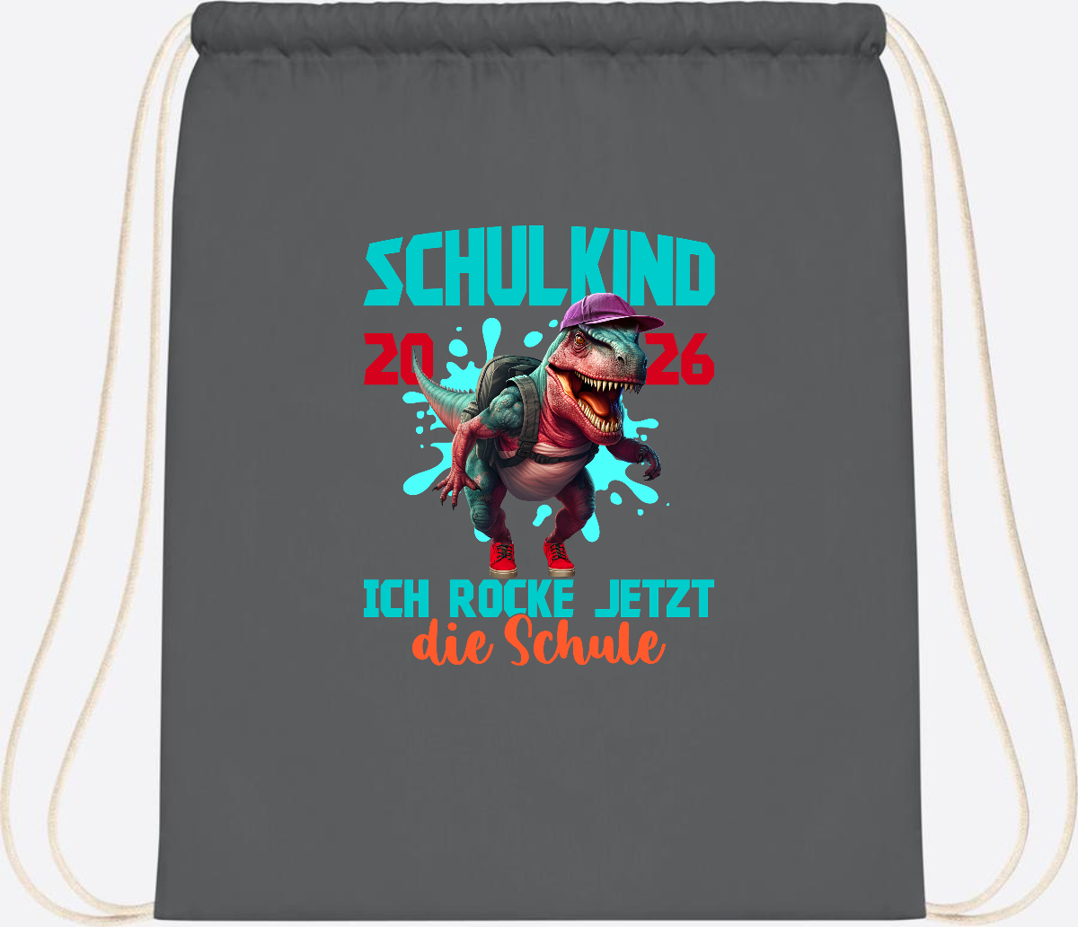 Turnbeutel Schulkind 2026 Dino T-Rex – Ich rocke die Schule - Graphite Grey