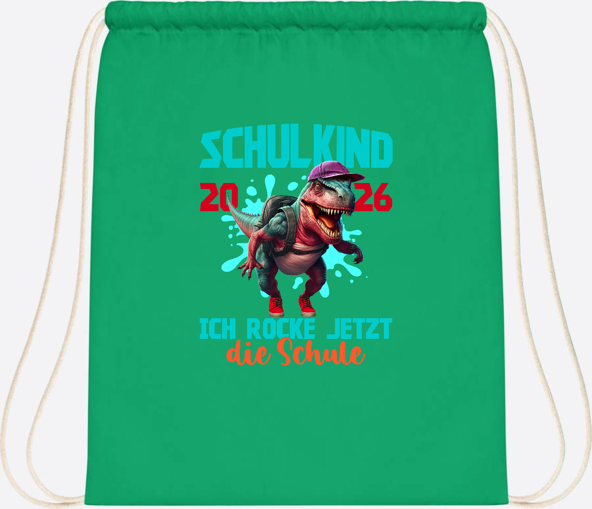 Turnbeutel Schulkind 2026 Dino T-Rex – Ich rocke die Schule - Kelly Green
