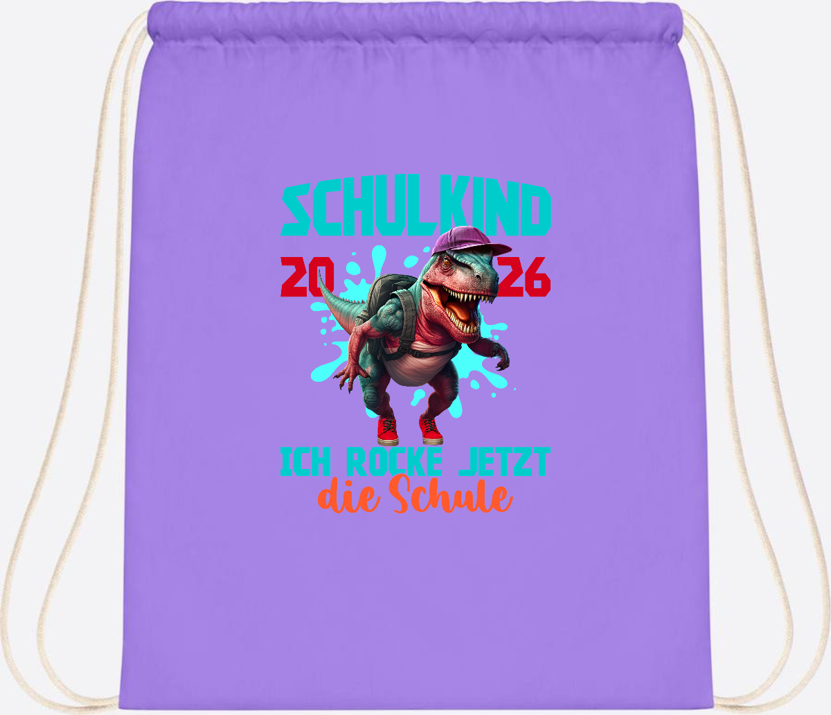 Turnbeutel Schulkind 2026 Dino T-Rex – Ich rocke die Schule - Lavender/White