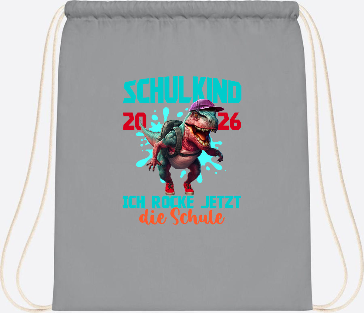 Turnbeutel Schulkind 2026 Dino T-Rex – Ich rocke die Schule - Light Grey
