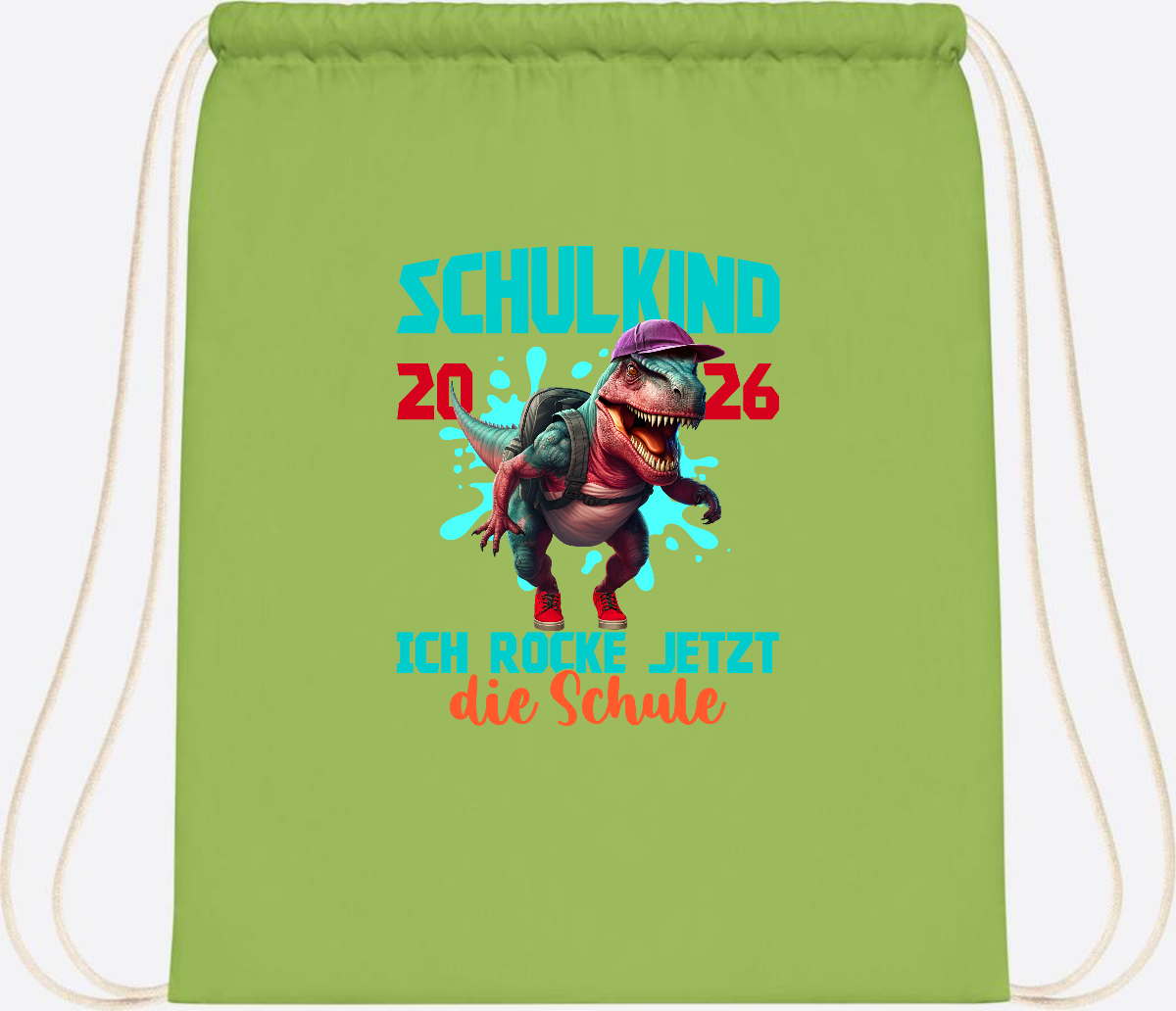 Turnbeutel Schulkind 2026 Dino T-Rex – Ich rocke die Schule - Lime Green