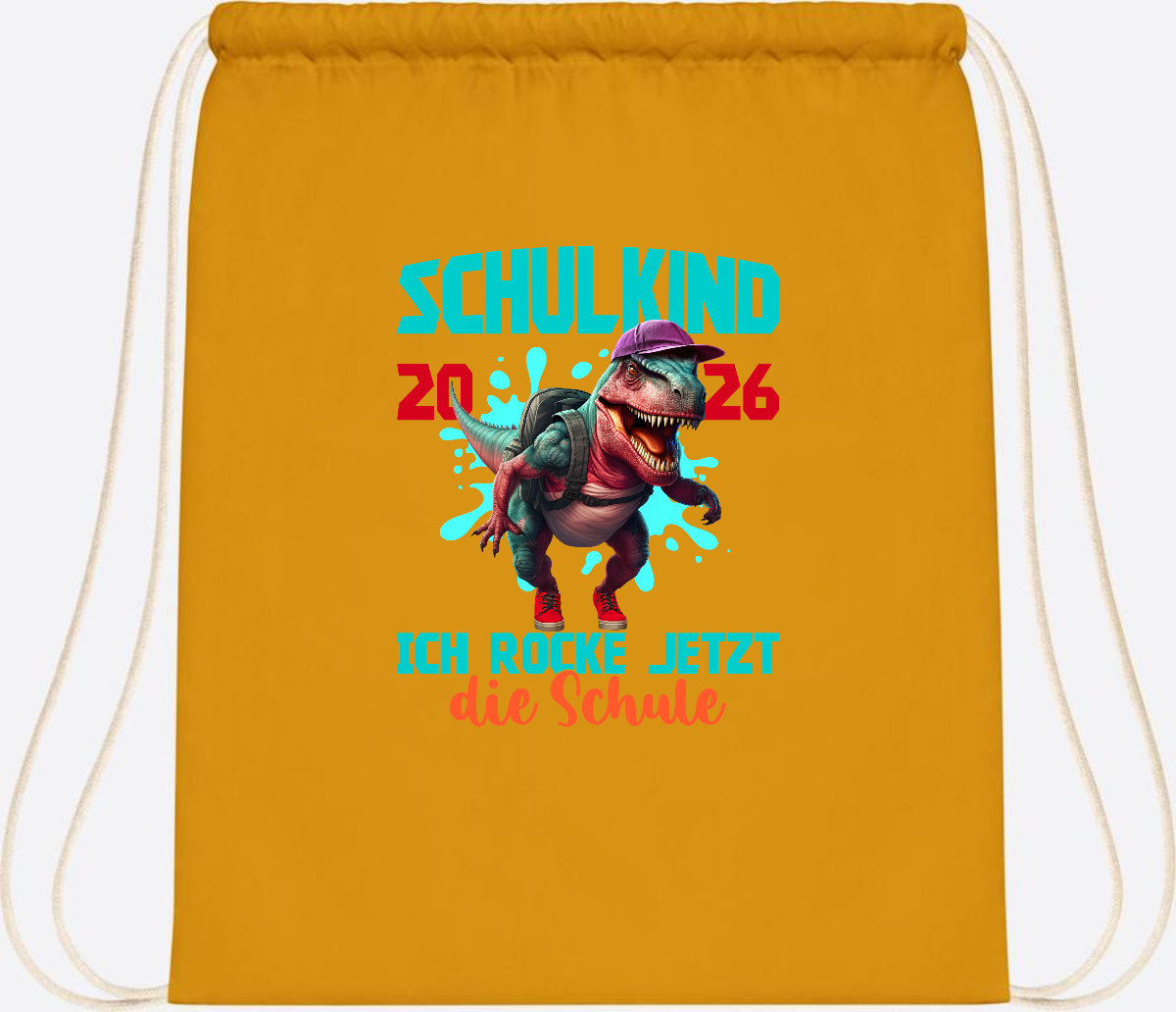 Turnbeutel Schulkind 2026 Dino T-Rex – Ich rocke die Schule - Mustard