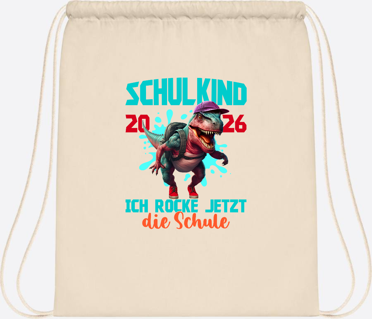 Turnbeutel Schulkind 2026 Dino T-Rex – Ich rocke die Schule - Natural