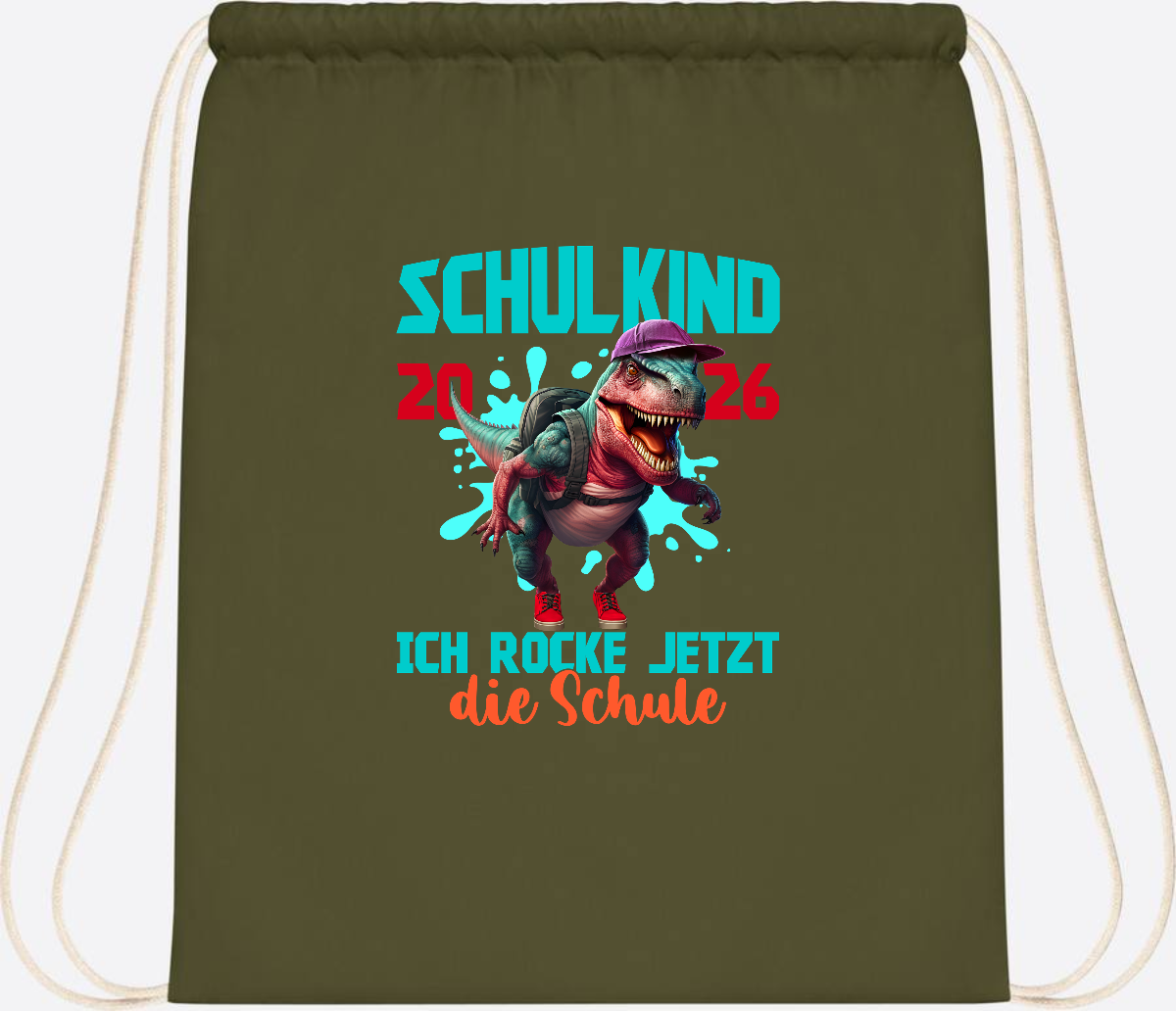 Turnbeutel Schulkind 2026 Dino T-Rex – Ich rocke die Schule - Olive Green