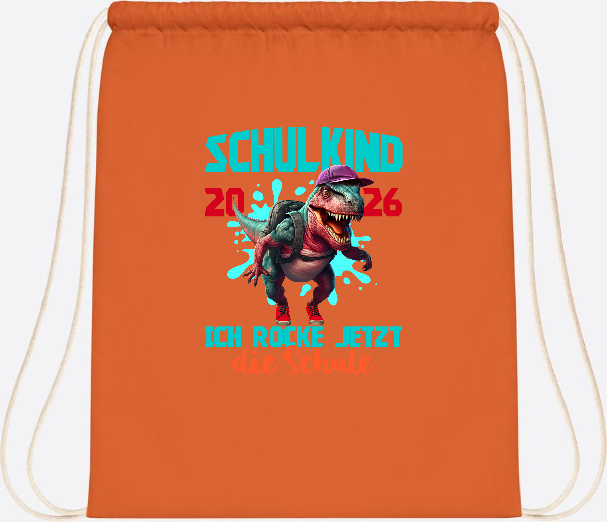 Turnbeutel Schulkind 2026 Dino T-Rex – Ich rocke die Schule - Orange