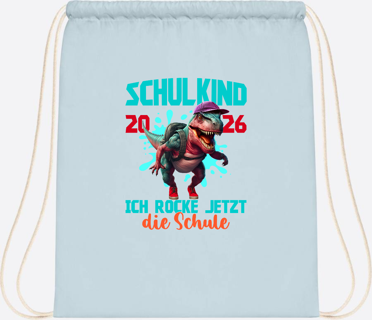 Turnbeutel Schulkind 2026 Dino T-Rex – Ich rocke die Schule - Pastel Blue/White
