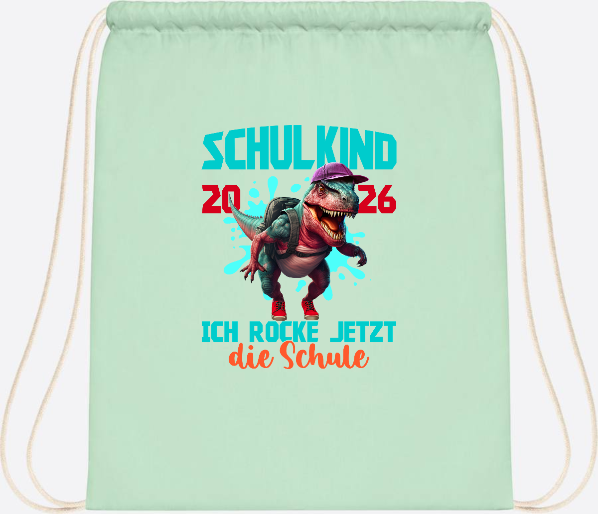 Turnbeutel Schulkind 2026 Dino T-Rex – Ich rocke die Schule - Pastel Mint/White