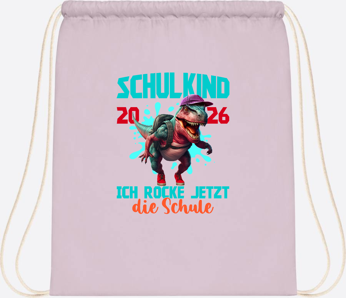 Turnbeutel Schulkind 2026 Dino T-Rex – Ich rocke die Schule - Pastel Pink/White