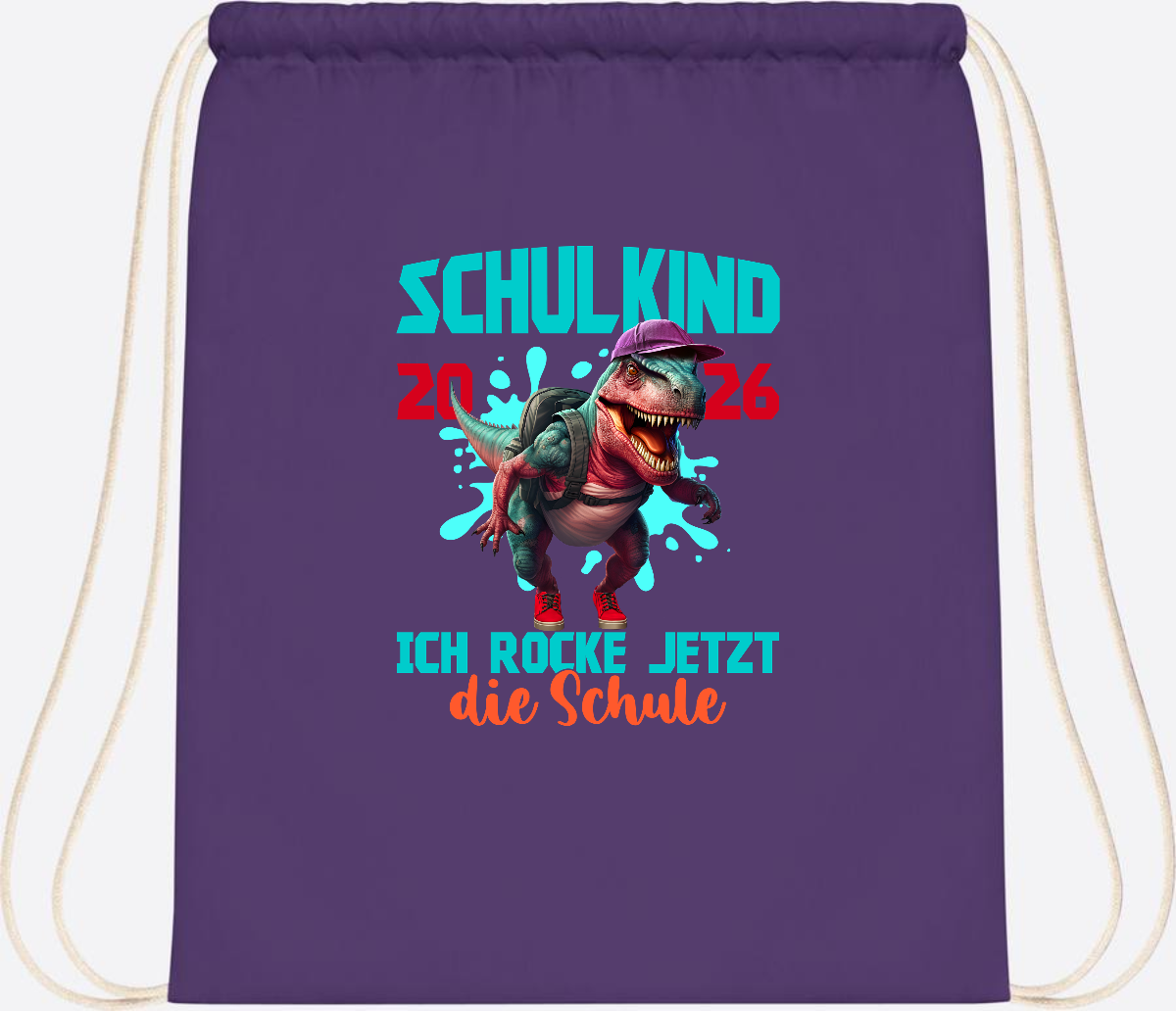 Turnbeutel Schulkind 2026 Dino T-Rex – Ich rocke die Schule - Purple