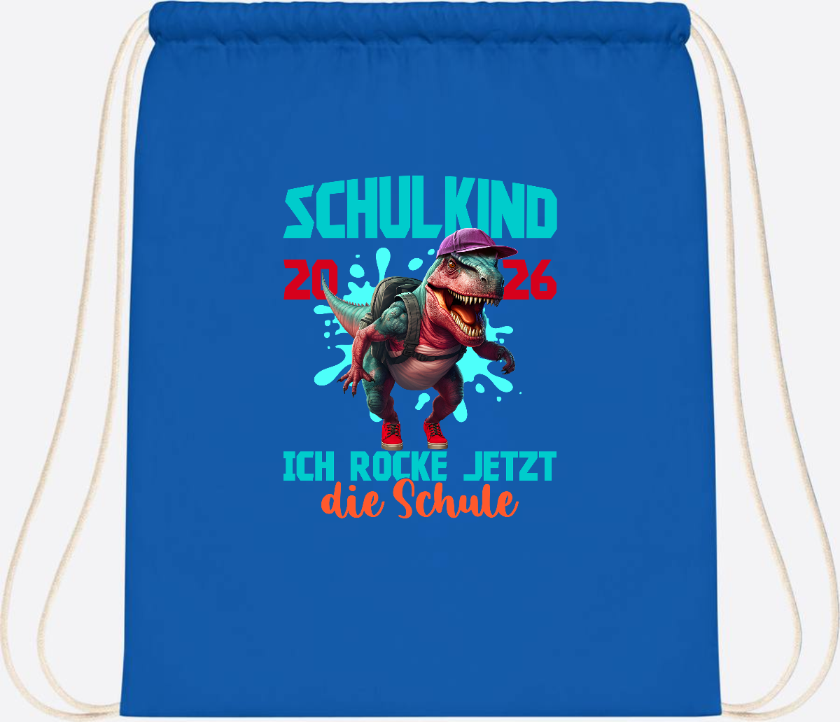 Turnbeutel Schulkind 2026 Dino T-Rex – Ich rocke die Schule - Sapphire Blue