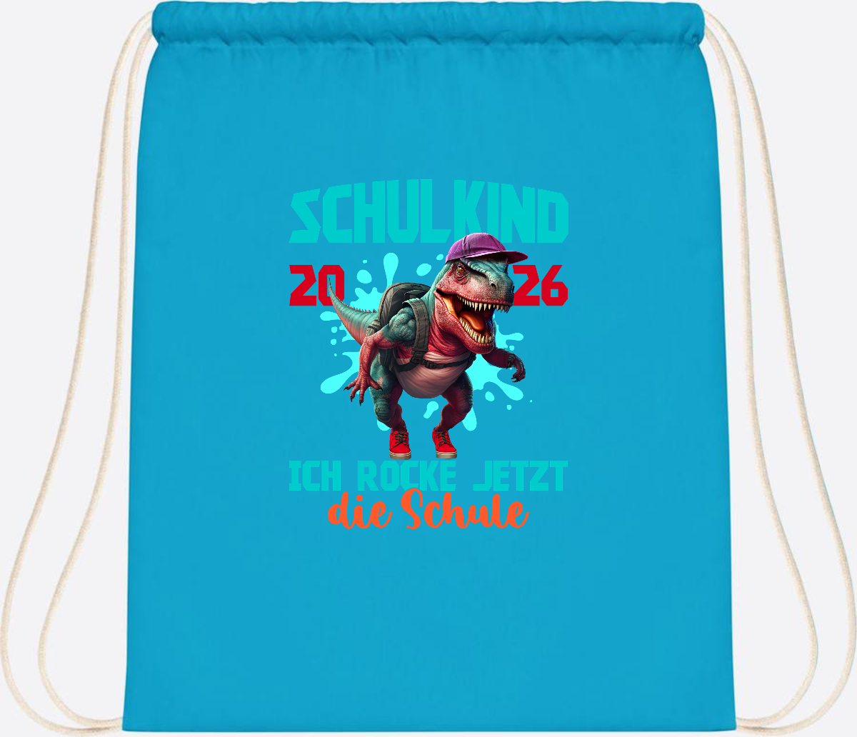 Turnbeutel Schulkind 2026 Dino T-Rex – Ich rocke die Schule - Surf Blue