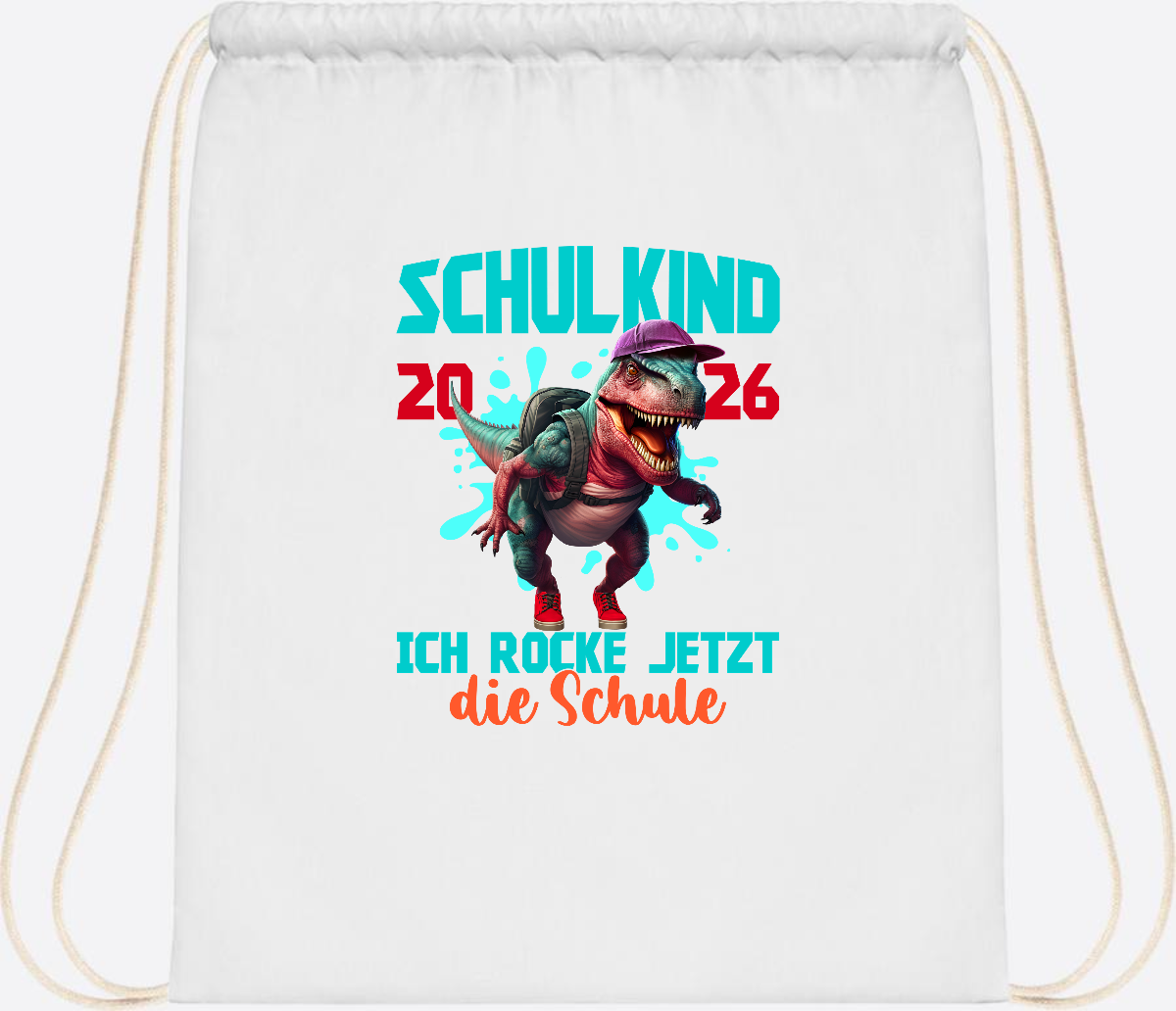 Turnbeutel Schulkind 2026 Dino T-Rex – Ich rocke die Schule - White