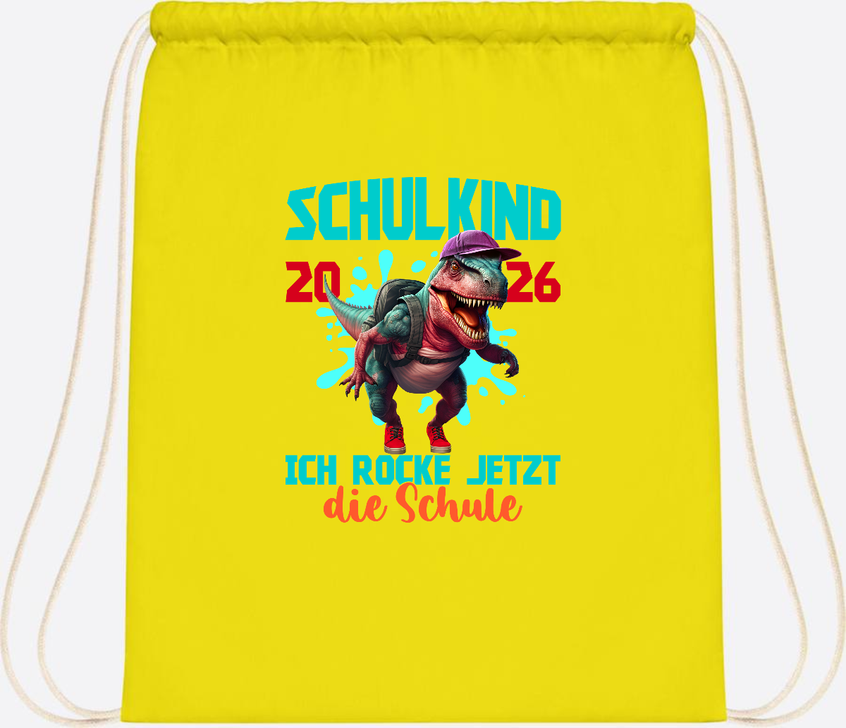 Turnbeutel Schulkind 2026 Dino T-Rex – Ich rocke die Schule - Yellow