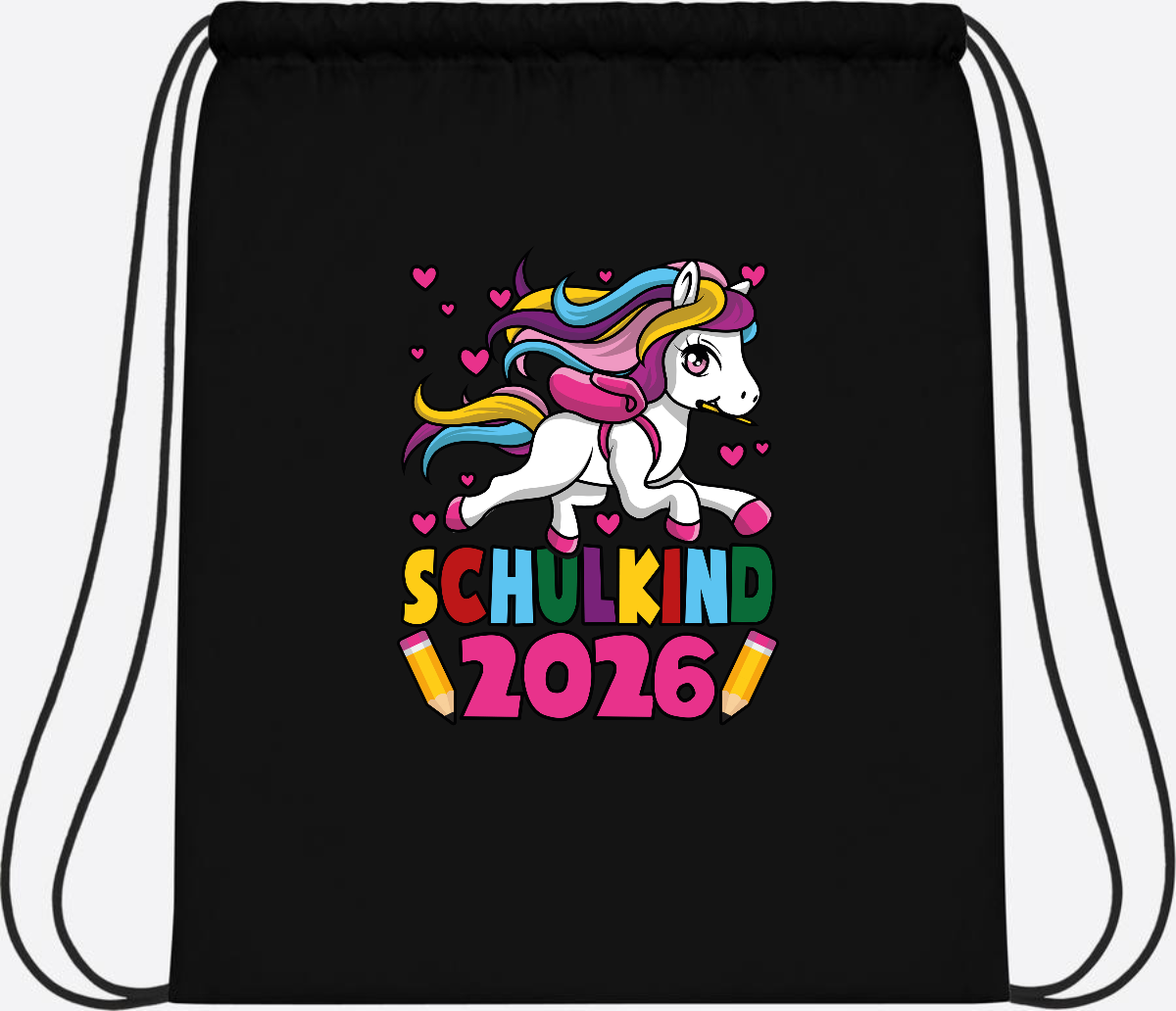 Turnbeutel Schulkind 2026 Einhorn mit Wunschname - Black/Black