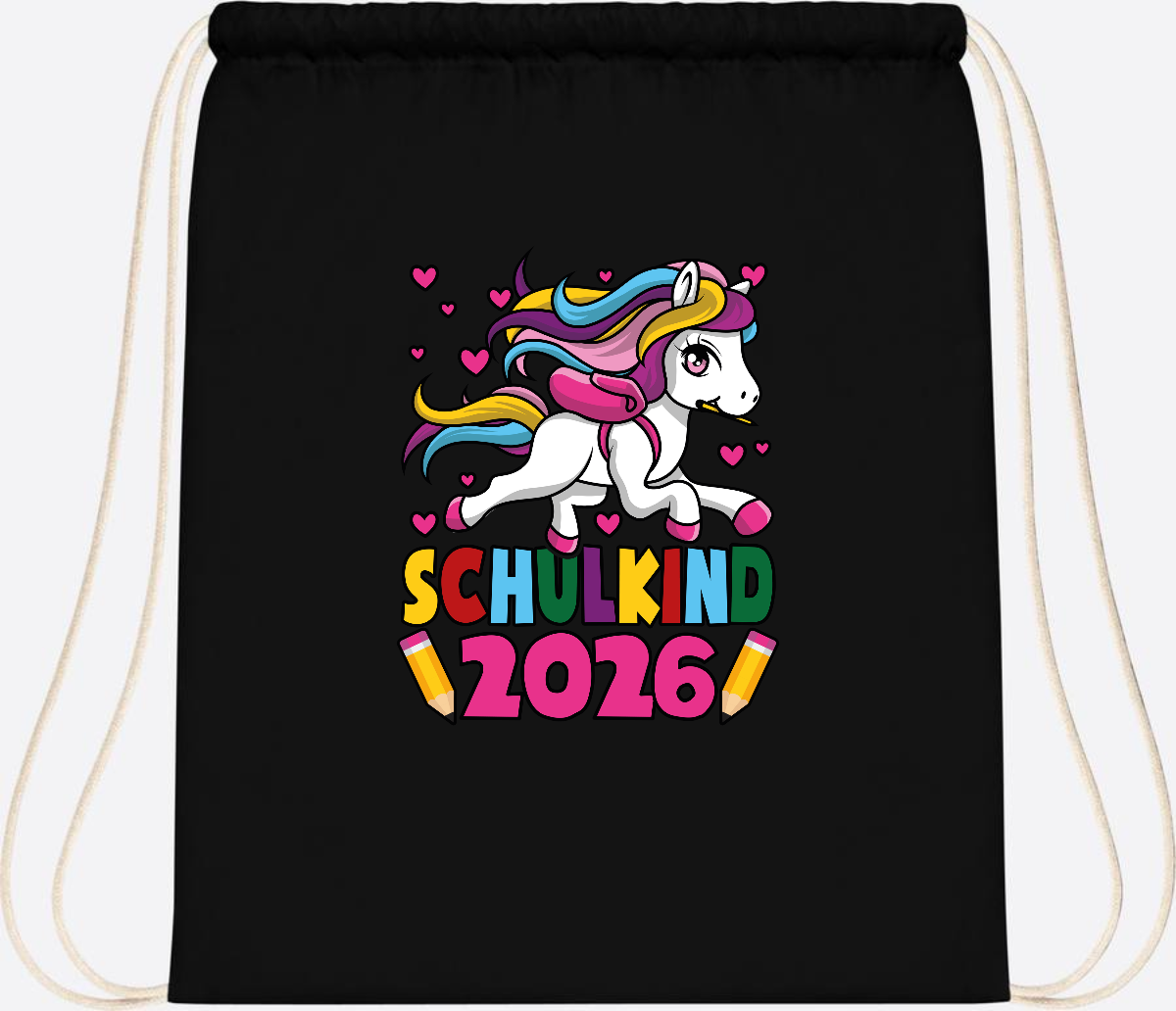 Turnbeutel Schulkind 2026 Einhorn mit Wunschname - Black