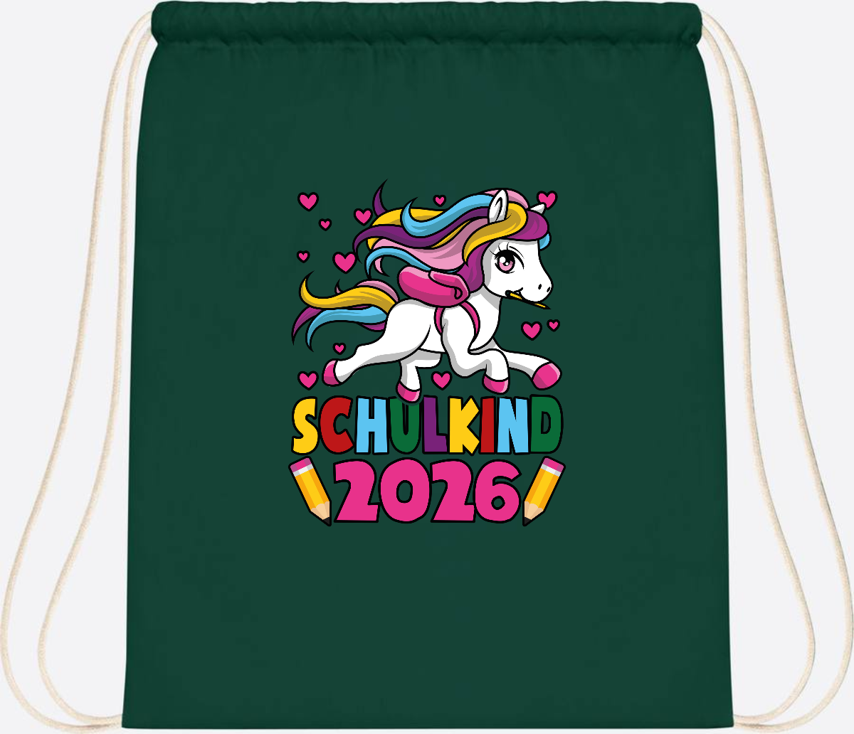 Turnbeutel Schulkind 2026 Einhorn mit Wunschname - Bottle Green