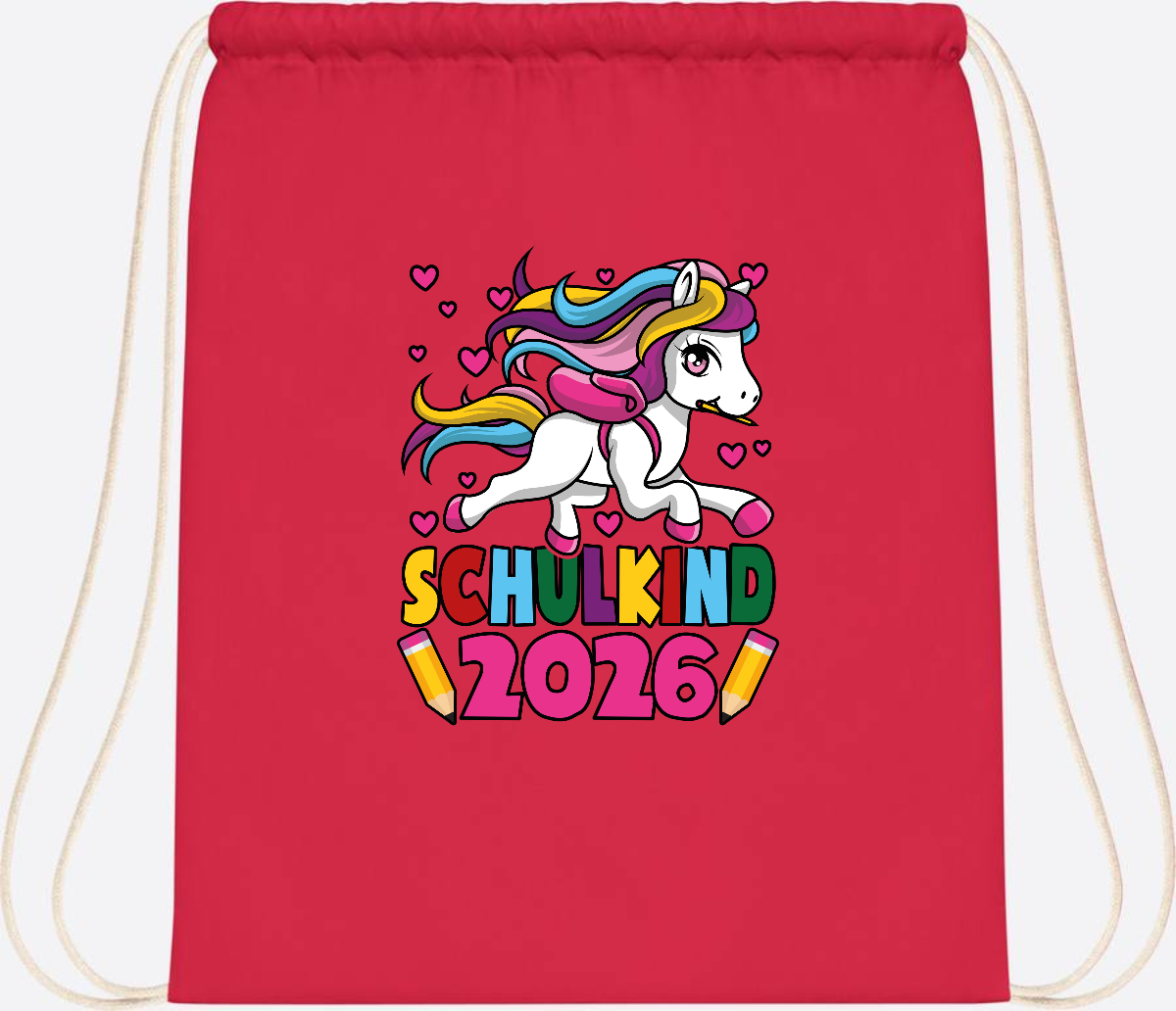 Turnbeutel Schulkind 2026 Einhorn mit Wunschname - Bright Red