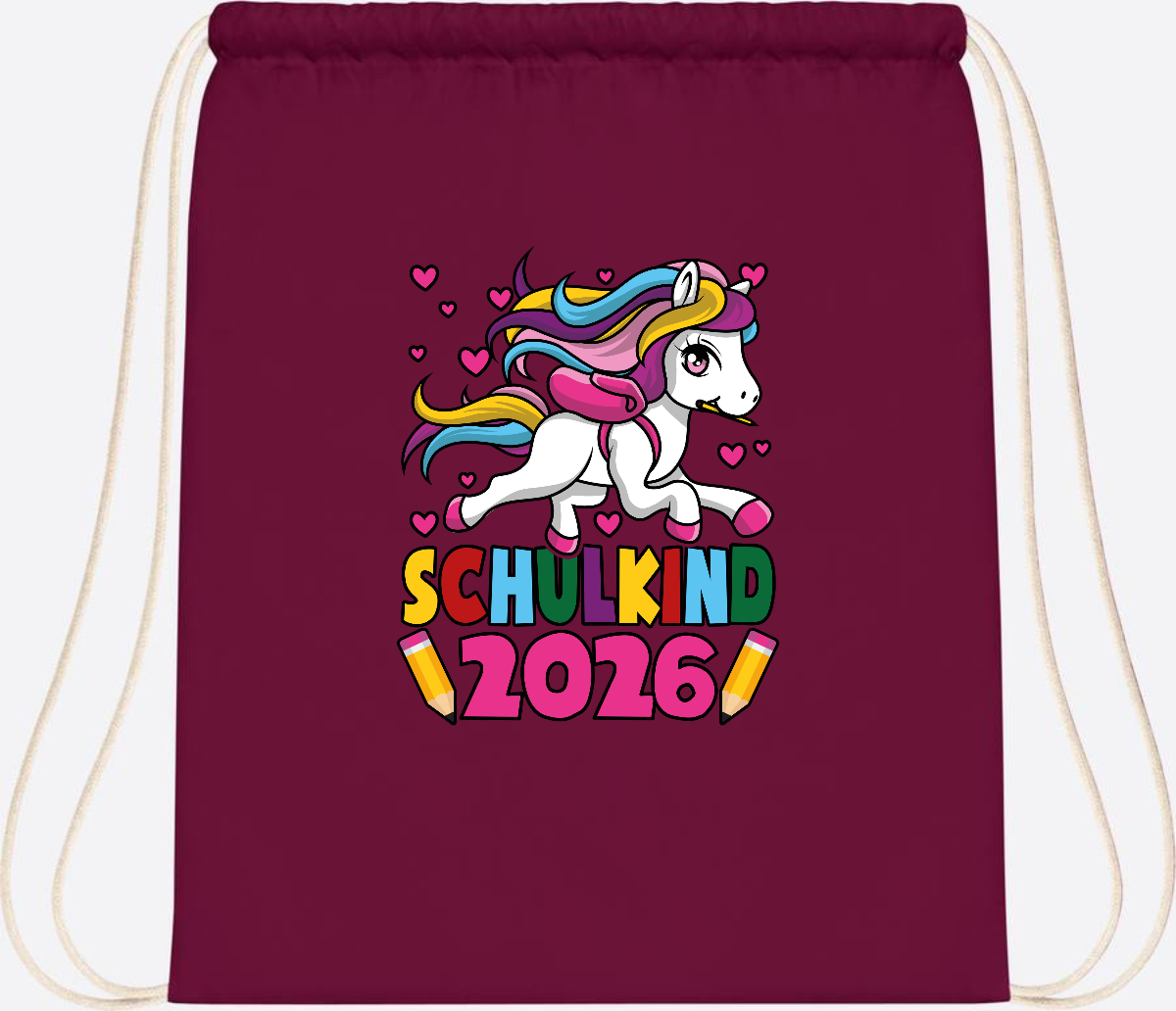 Turnbeutel Schulkind 2026 Einhorn mit Wunschname - Burgundy