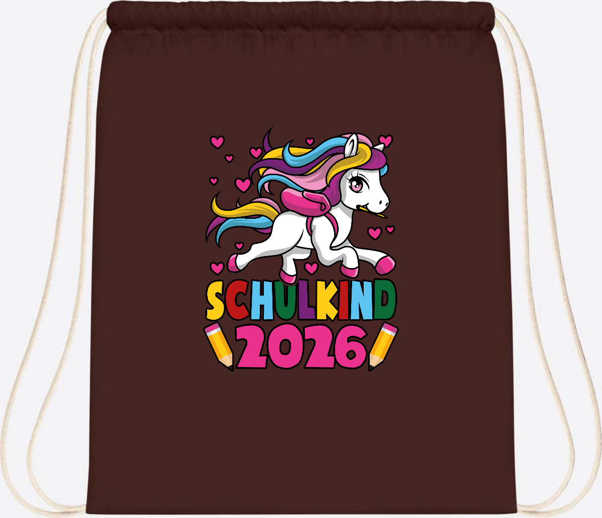 Turnbeutel Schulkind 2026 Einhorn mit Wunschname - Chocolate